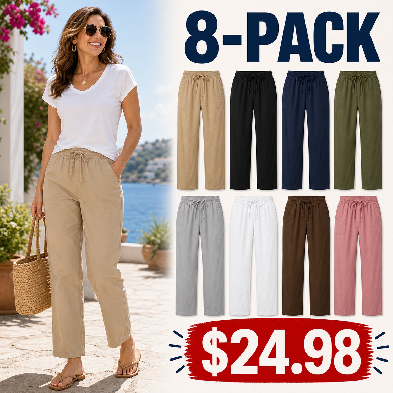 Women's Drawstring Poplin Utility Pants - 8 Pack