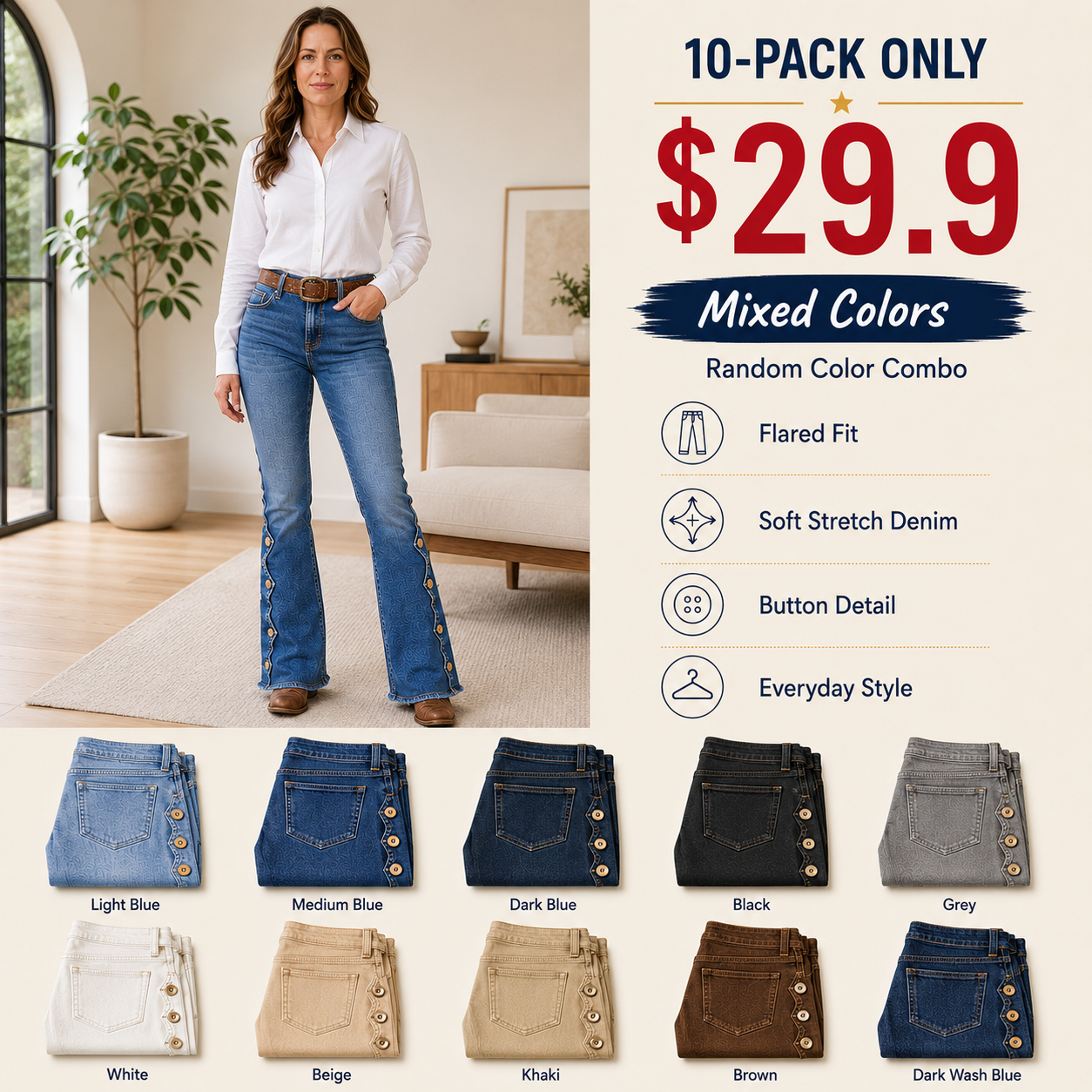 Raw Hem Button Side Mid Waist Bootcut Jeans