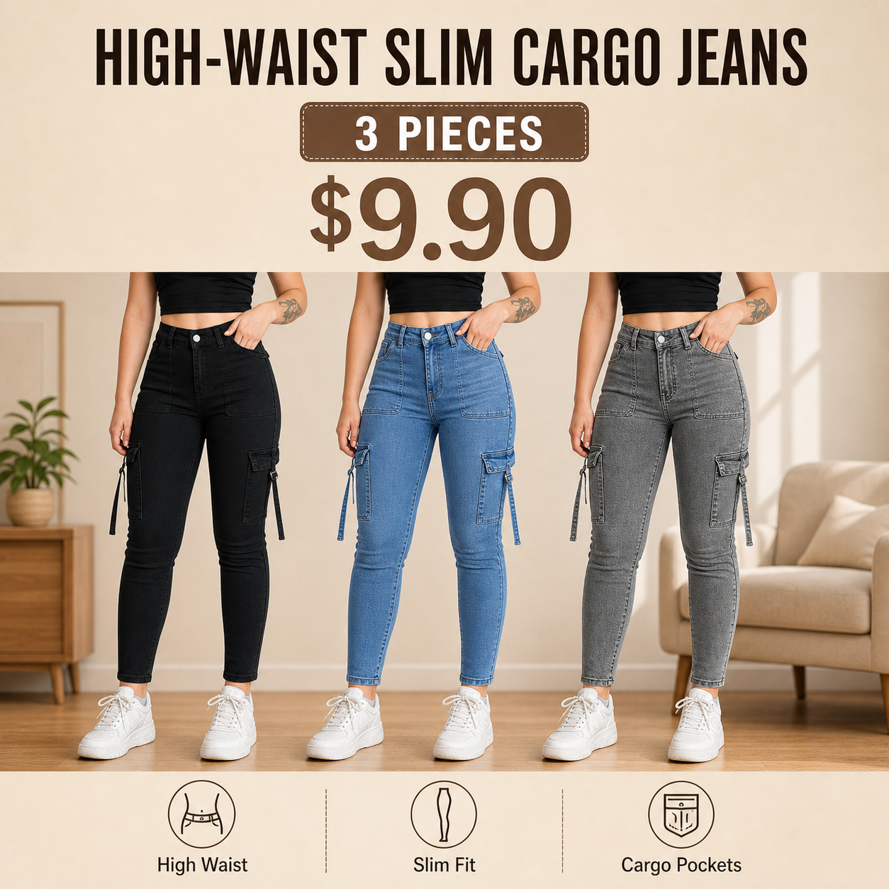 High Waist Slim Cargo Jeans