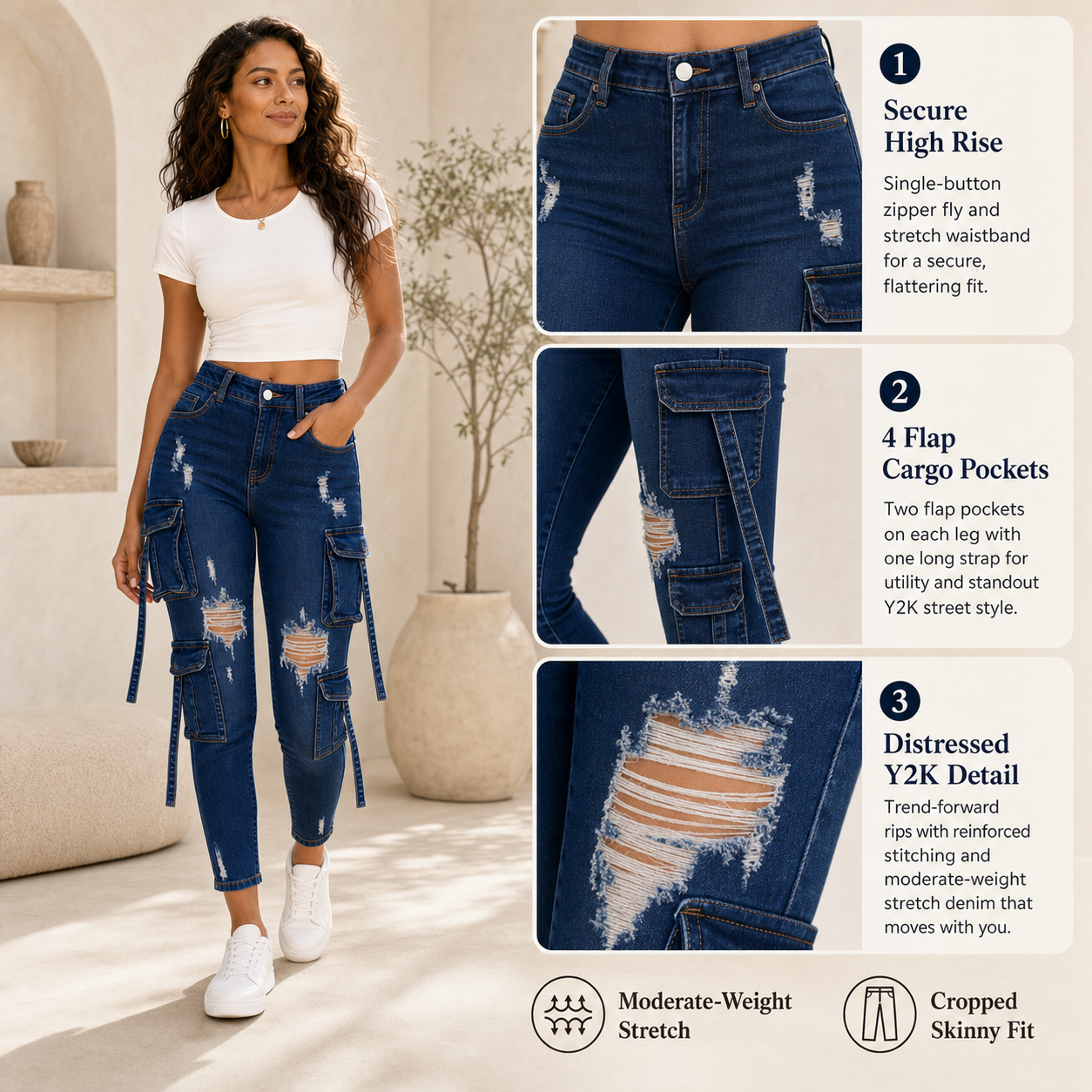 Women Cropped Slim Cargo Jeans