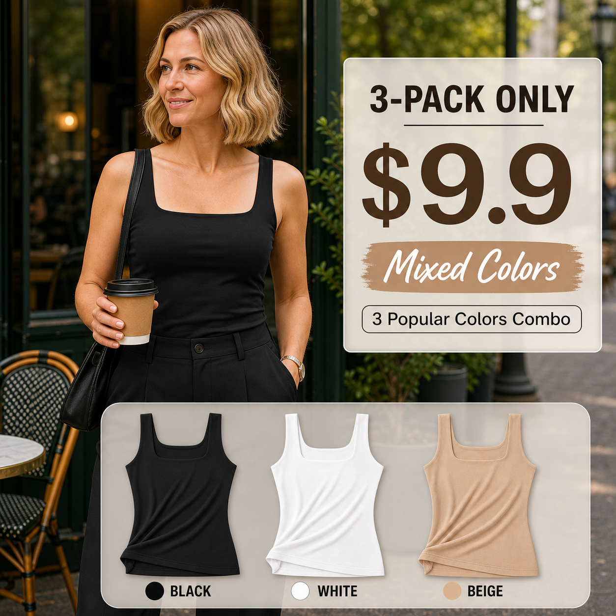 Women's Square Neck Tank Top, Wide Strap Buttery Soft Cami, Double Layer Stretchy Top