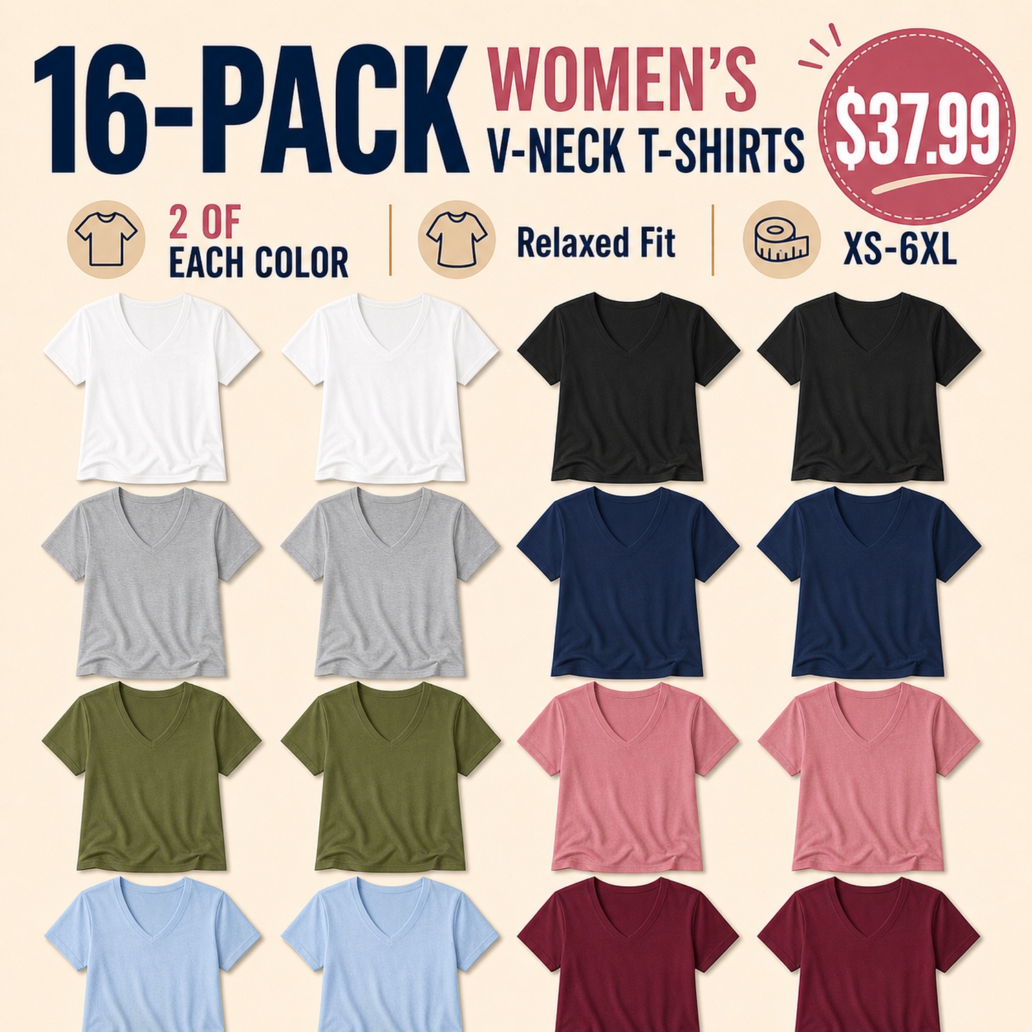 Women's V-Neck Everyday T-Shirts - 8 Pack