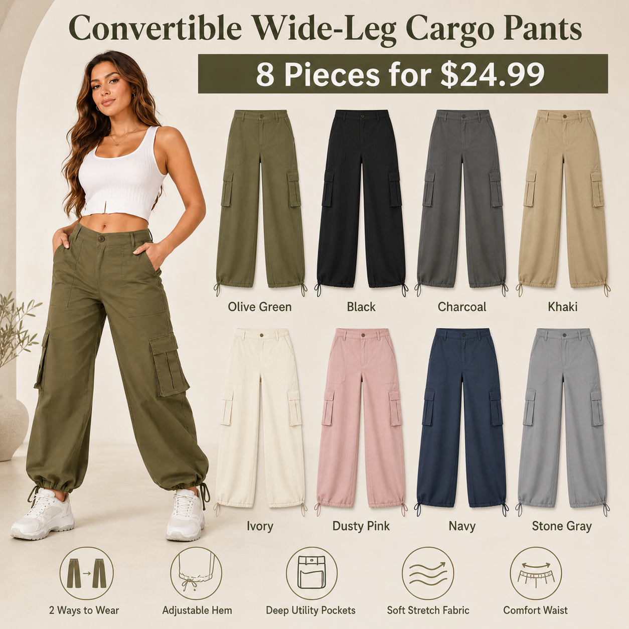 Adjustable Hem Wide Leg Cargo Pants