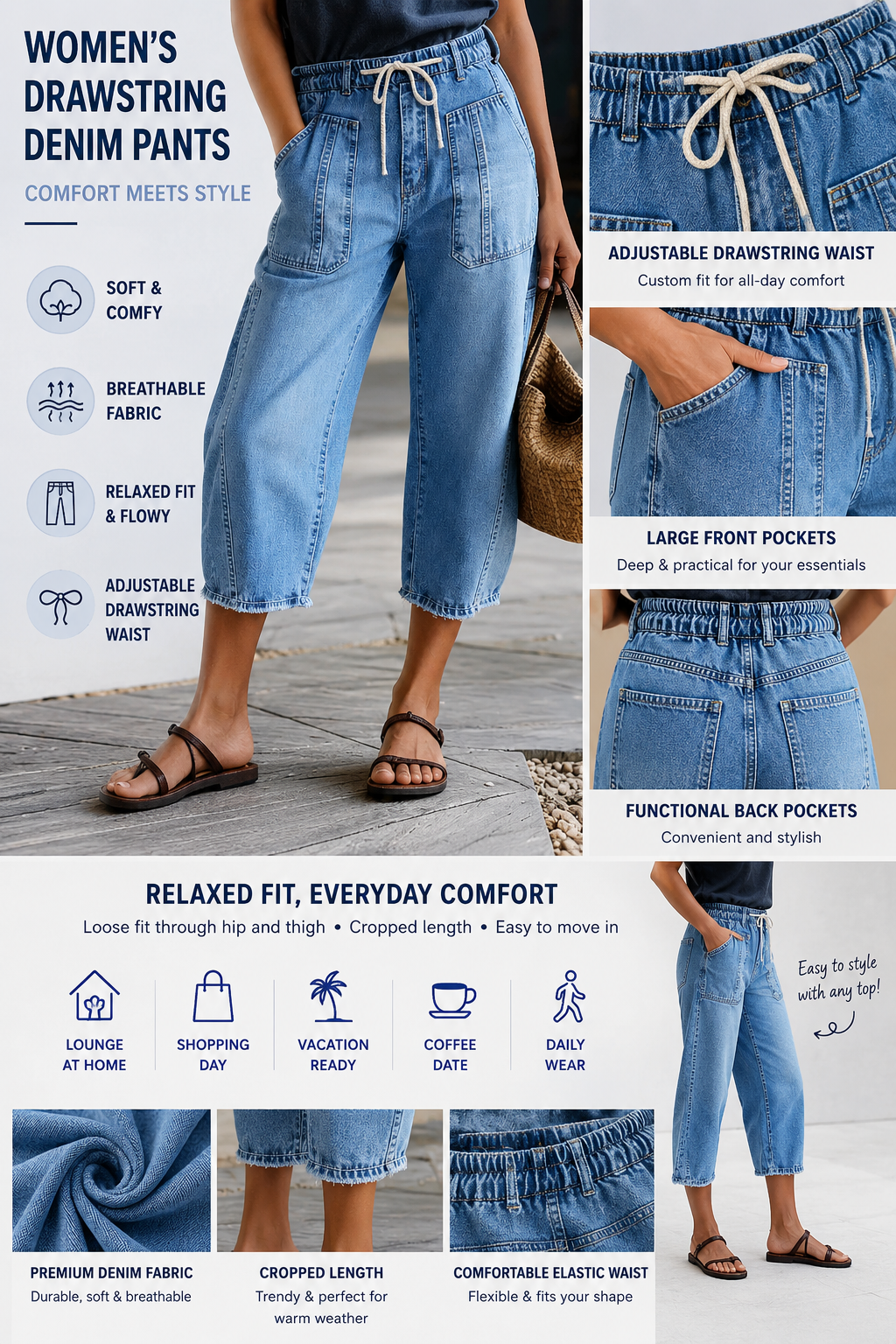 ⚡FINAL SALE⚡8-Pack Raw Hem Drawstring Mid Waist Barrel Leg Capri Jeans