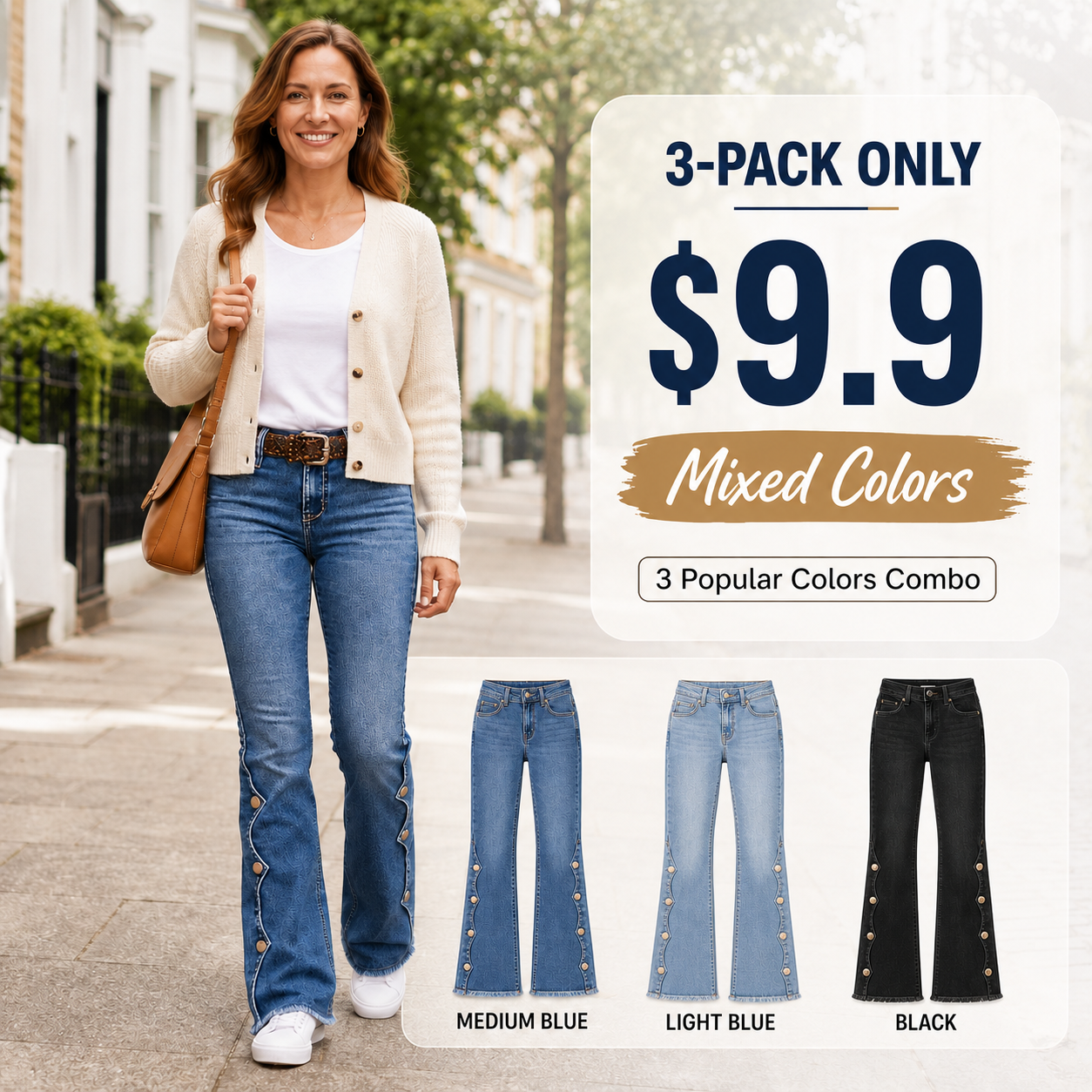 Raw Hem Button Side Mid Waist Bootcut Jeans