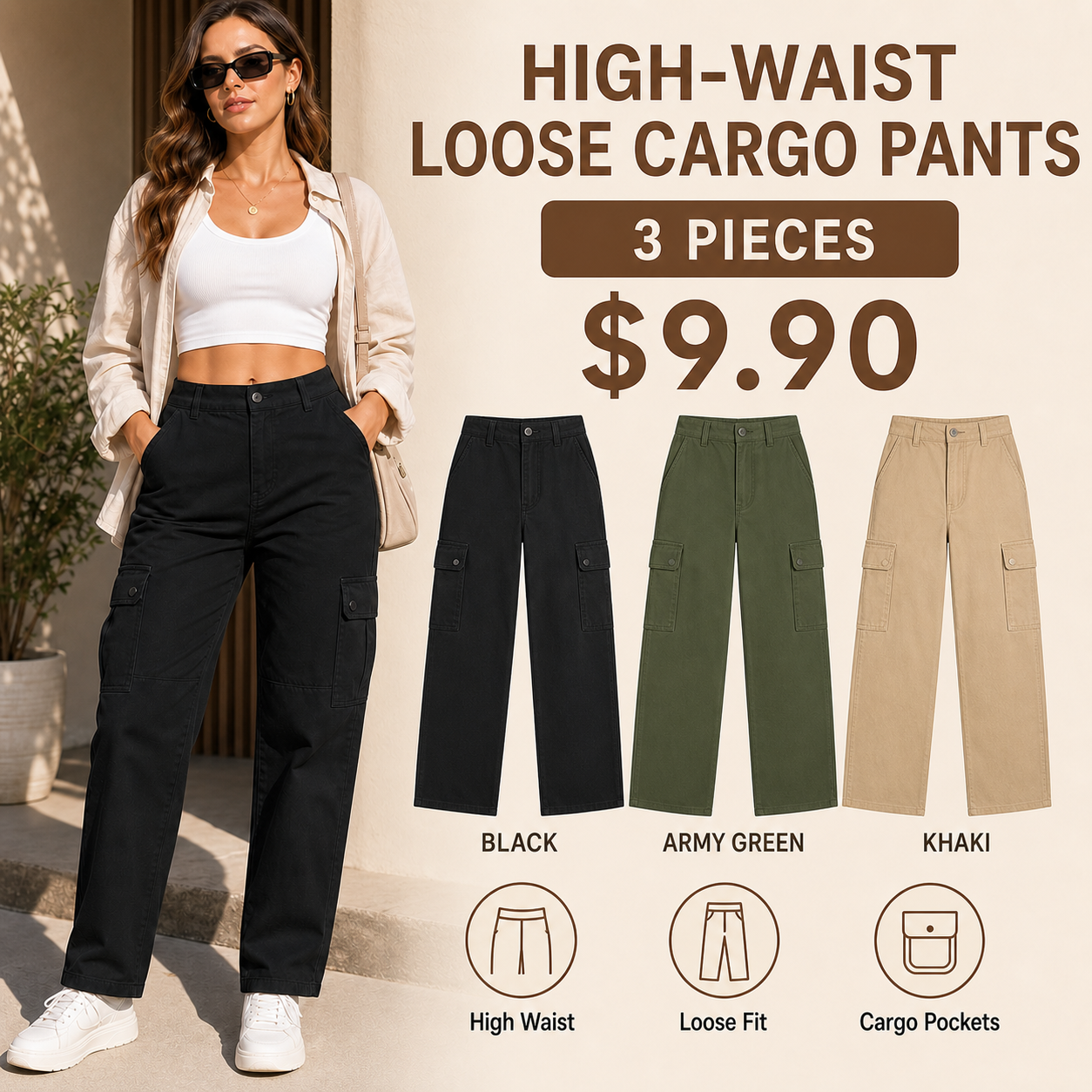 High Waist Loose Cargo Pants