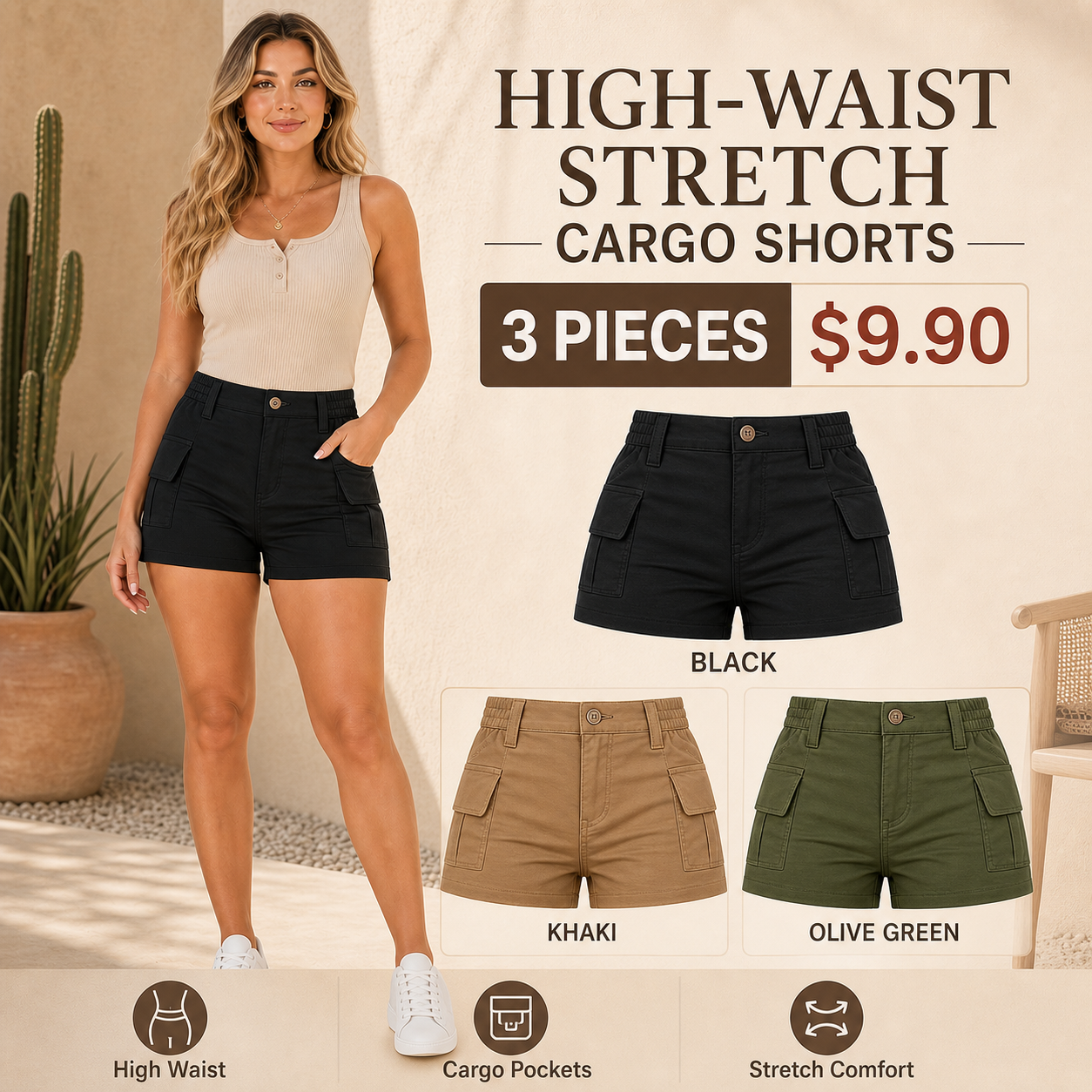 High Waist Stretch Cargo Shorts