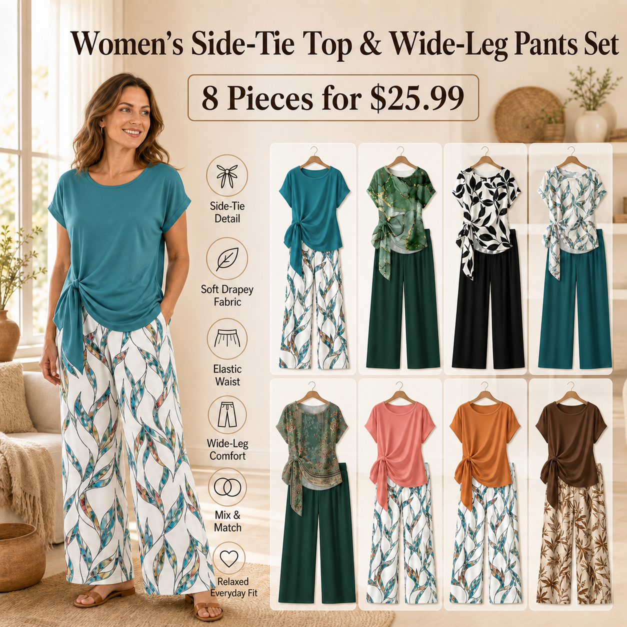 Women's Printed Shirt & Straight-Leg Pants Set