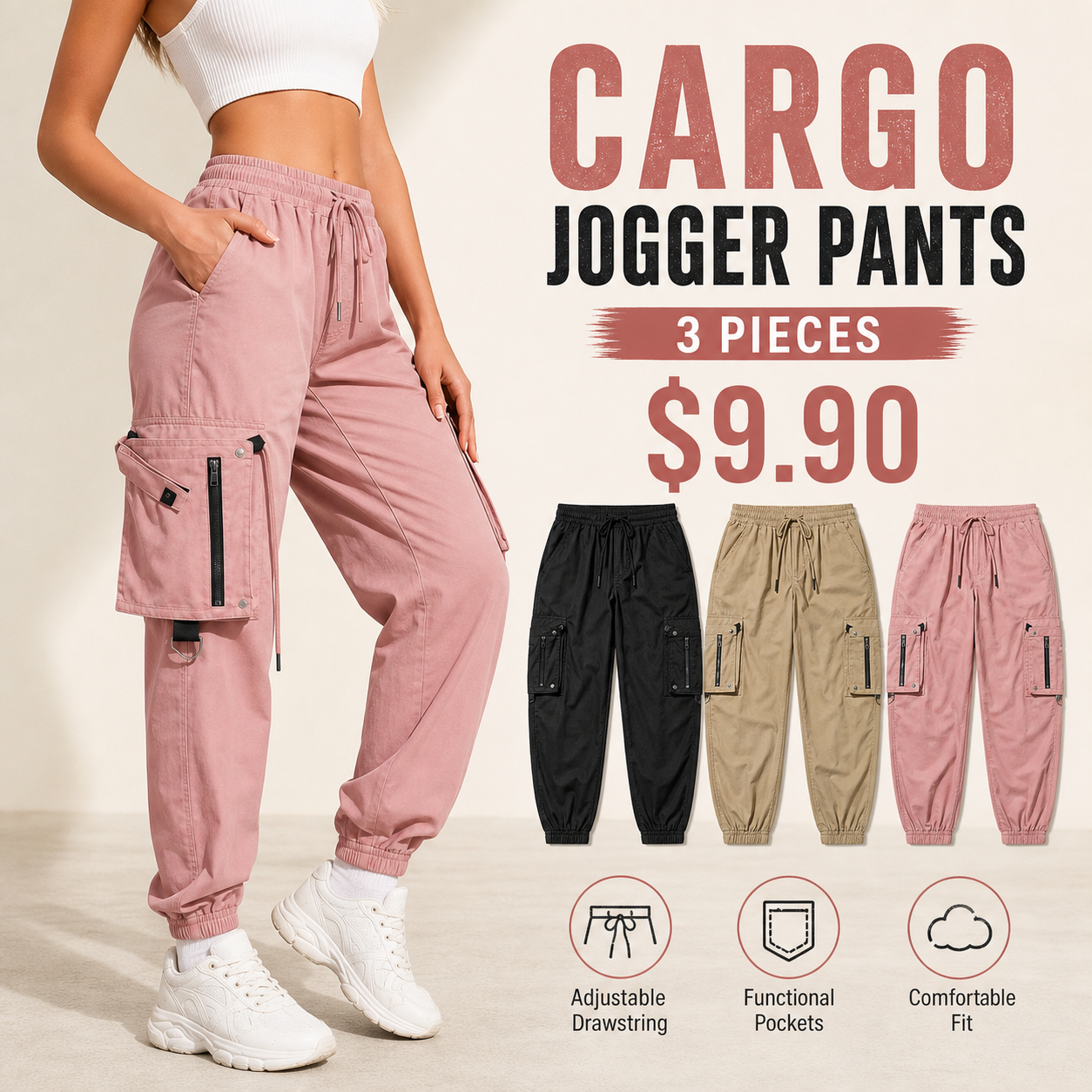 Women's solid color, adjustable drawstring, loose-fitting basic cargo pants