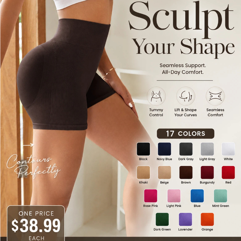High-Waisted, Tummy-Control, Side-Ribbed, Butt-Lifting Seamless Shorts
