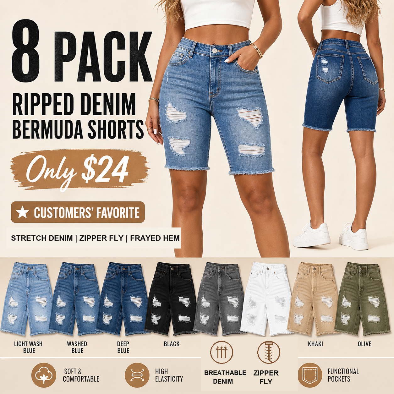Women's Ripped Denim Bermuda Shorts