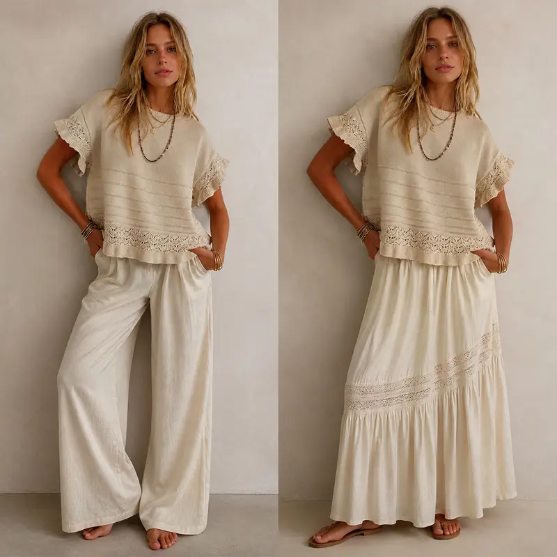 Women's Short-Sleeve Crew-Neck Ruffled Crochet Knit Pullover