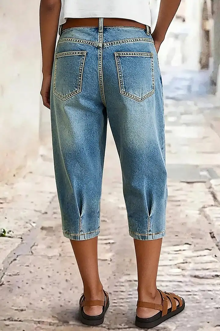 Women's Mid-Rise Pleated Cropped Jeans — Stretchy, Slim-Fit, Comfortable & Versatile