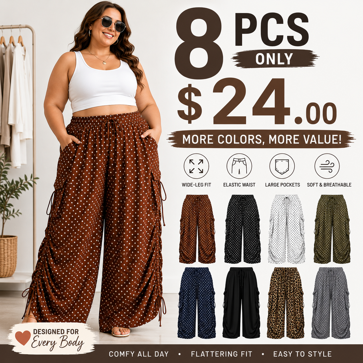Women's Wide-Leg Polka Dot Palazzo Pants with Pockets
