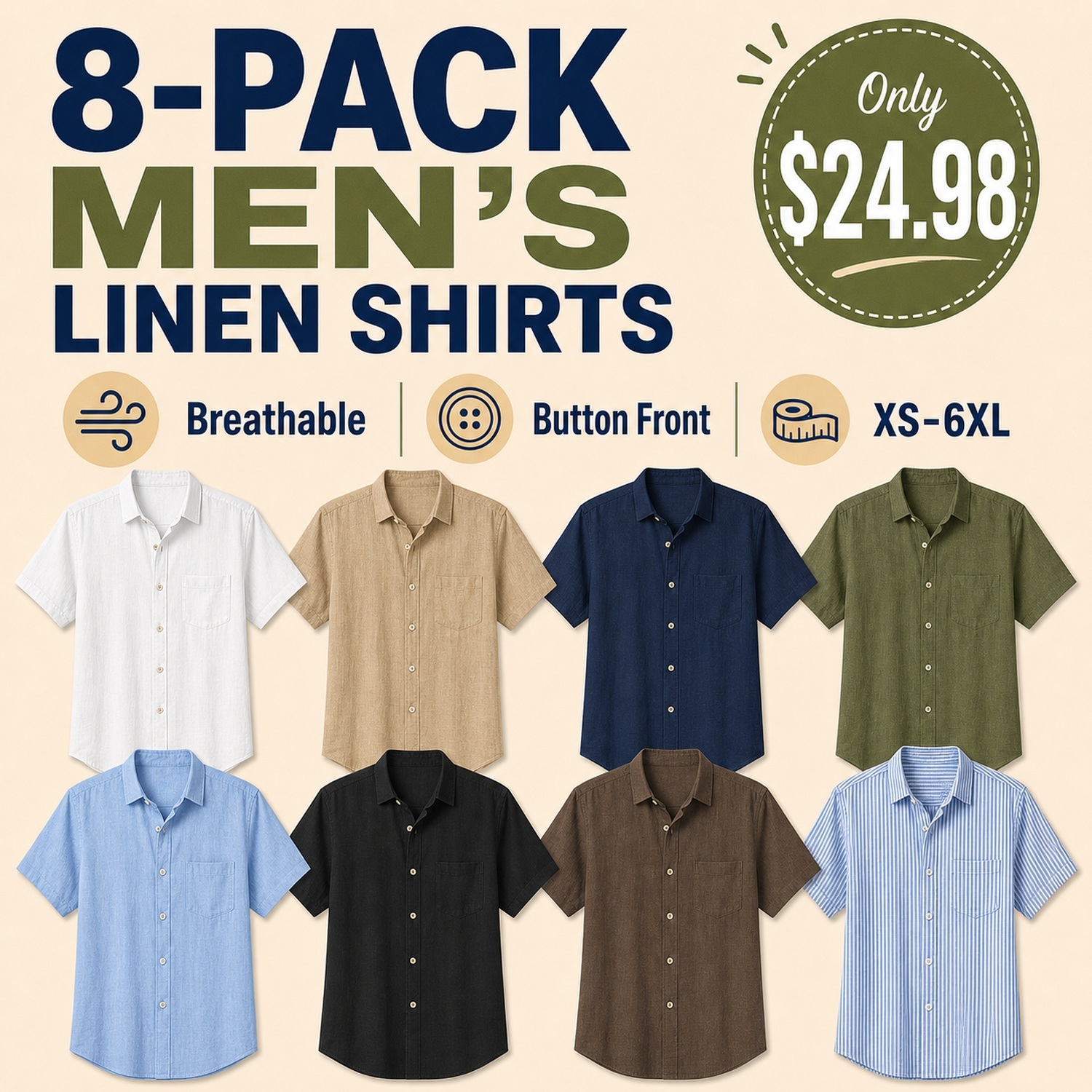 Men's Lightweight Linen-Blend Camp Shirts - 8 Pack