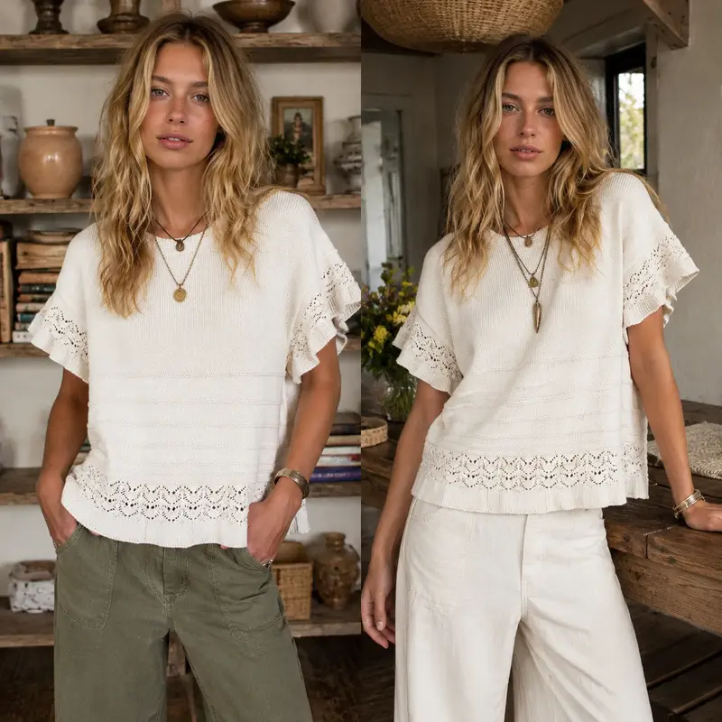 Women's Short-Sleeve Crew-Neck Ruffled Crochet Knit Pullover