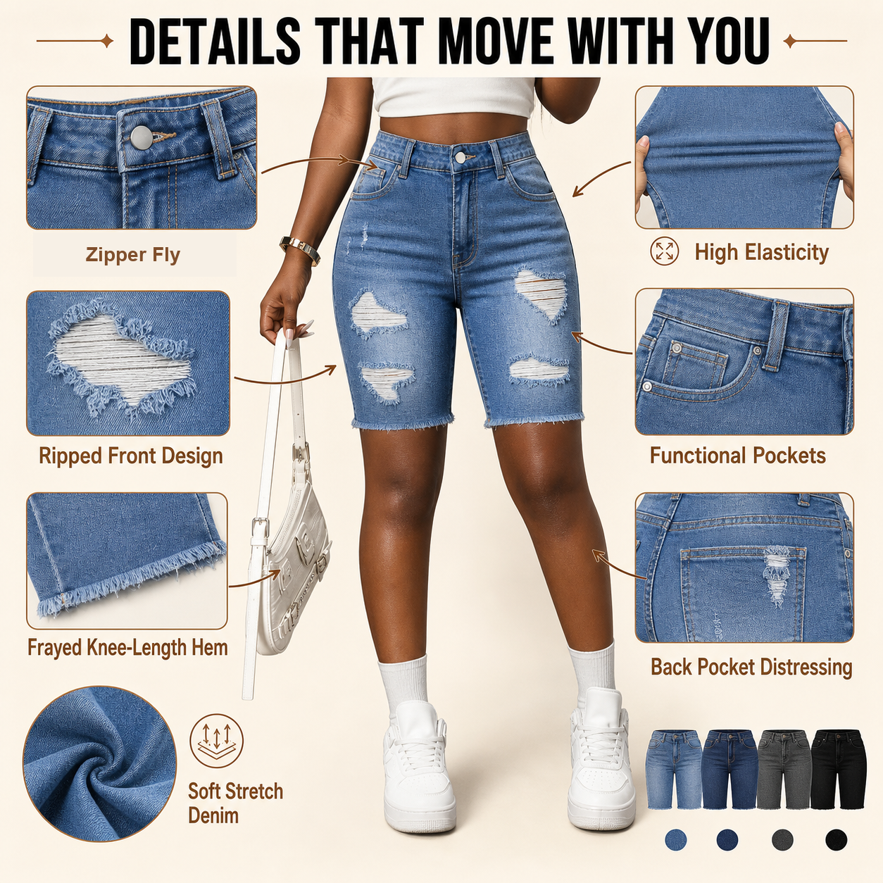 Women's Ripped Denim Bermuda Shorts