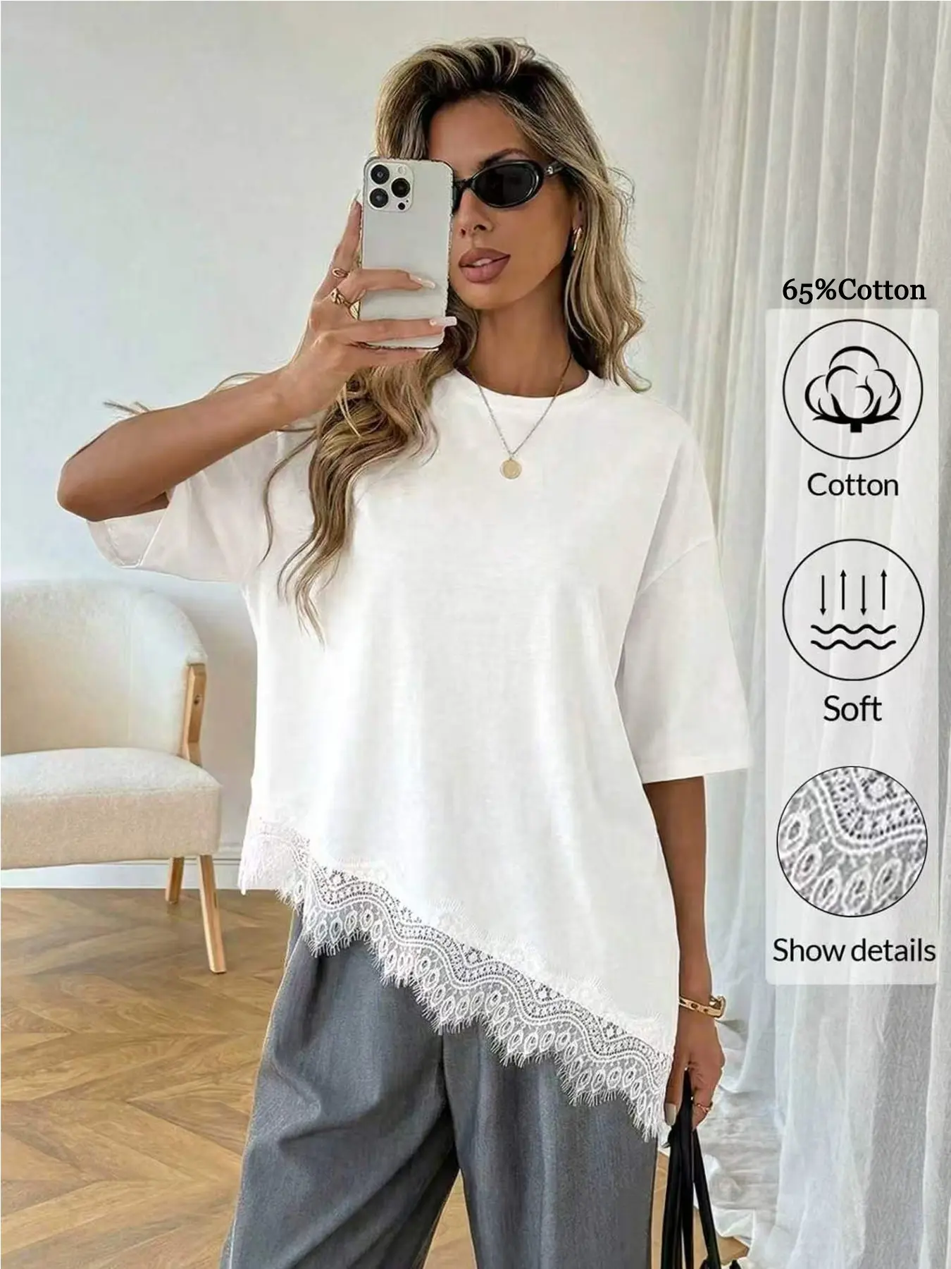 Women's Lightweight & Breathable Cotton Long T-Shirt with Lace Hem