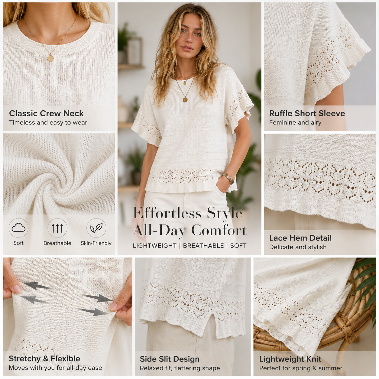 Women's Short-Sleeve Crew-Neck Ruffled Crochet Knit Pullover