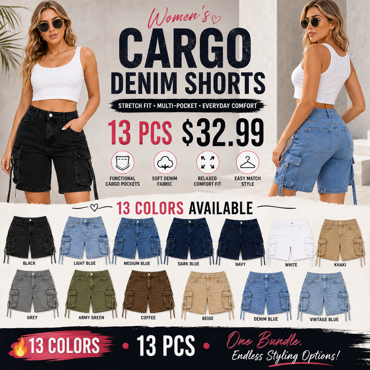 Women's Washed Denim Cargo Pocket Shorts