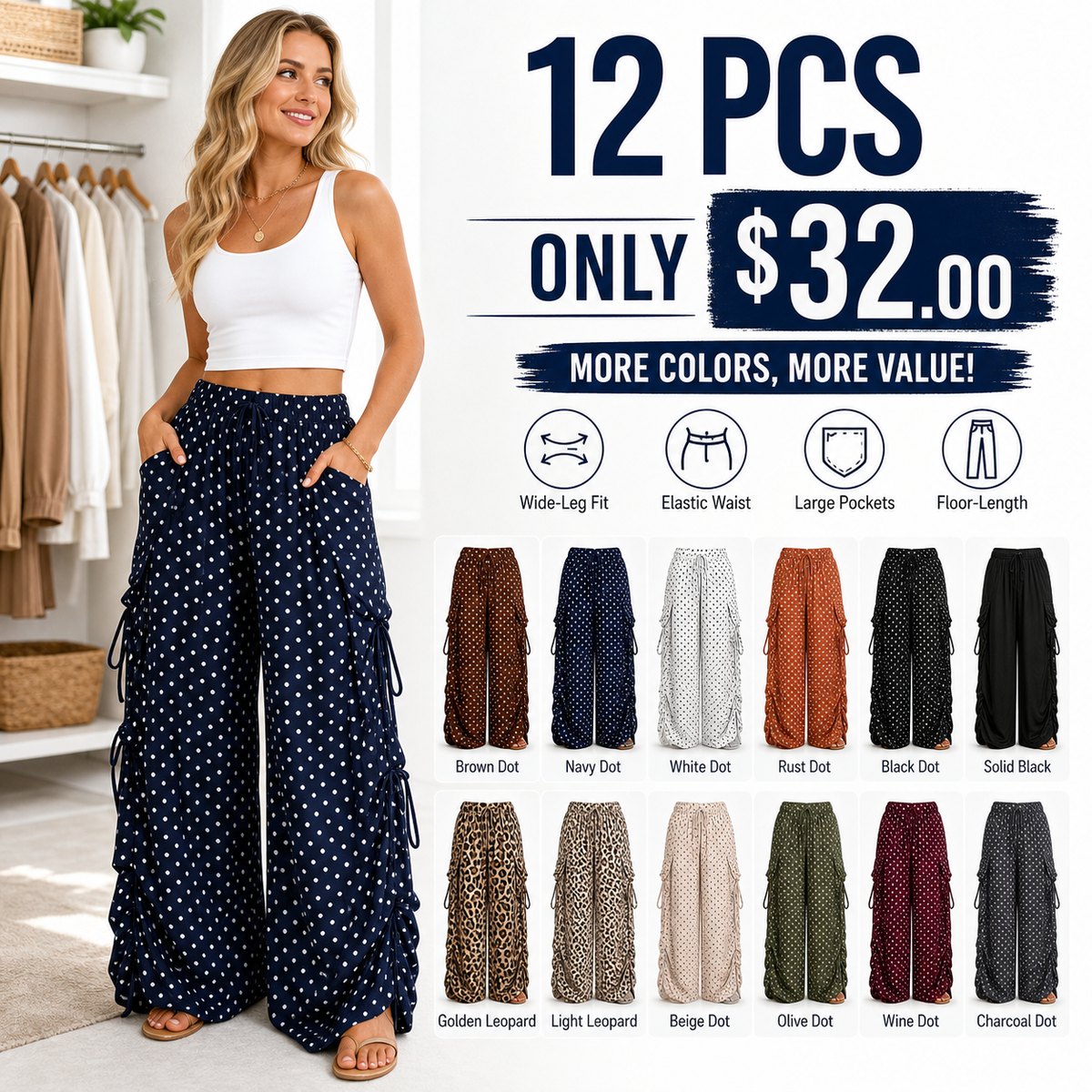 Women's Wide-Leg Polka Dot Palazzo Pants with Pockets