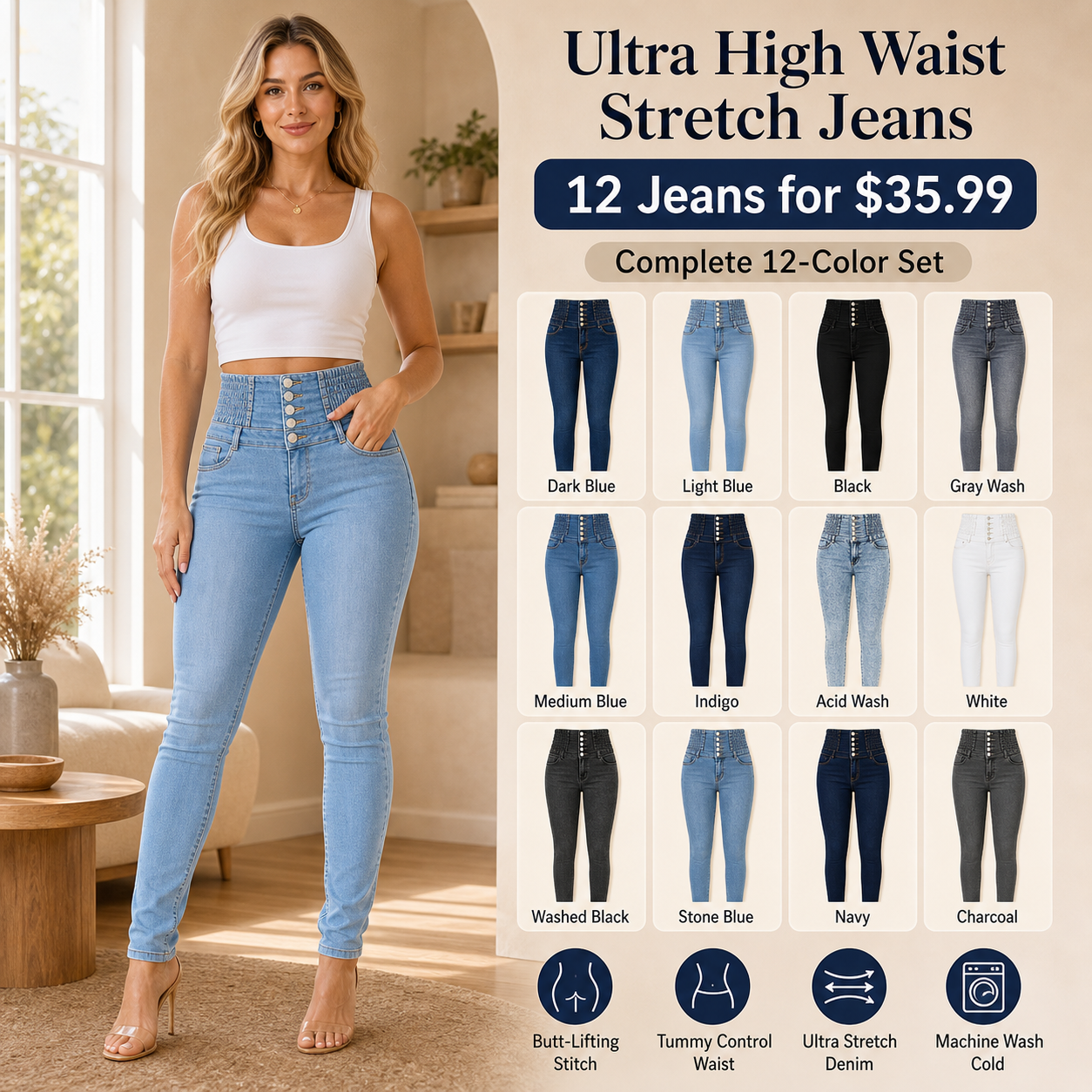 High Waist Butt Lifting Stretch Jeans