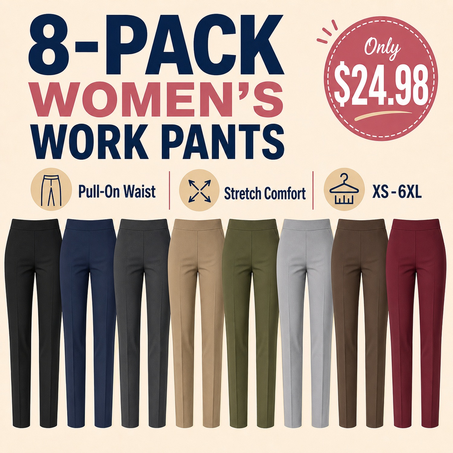 Women's Pull-On Work Pants - 8 Pack