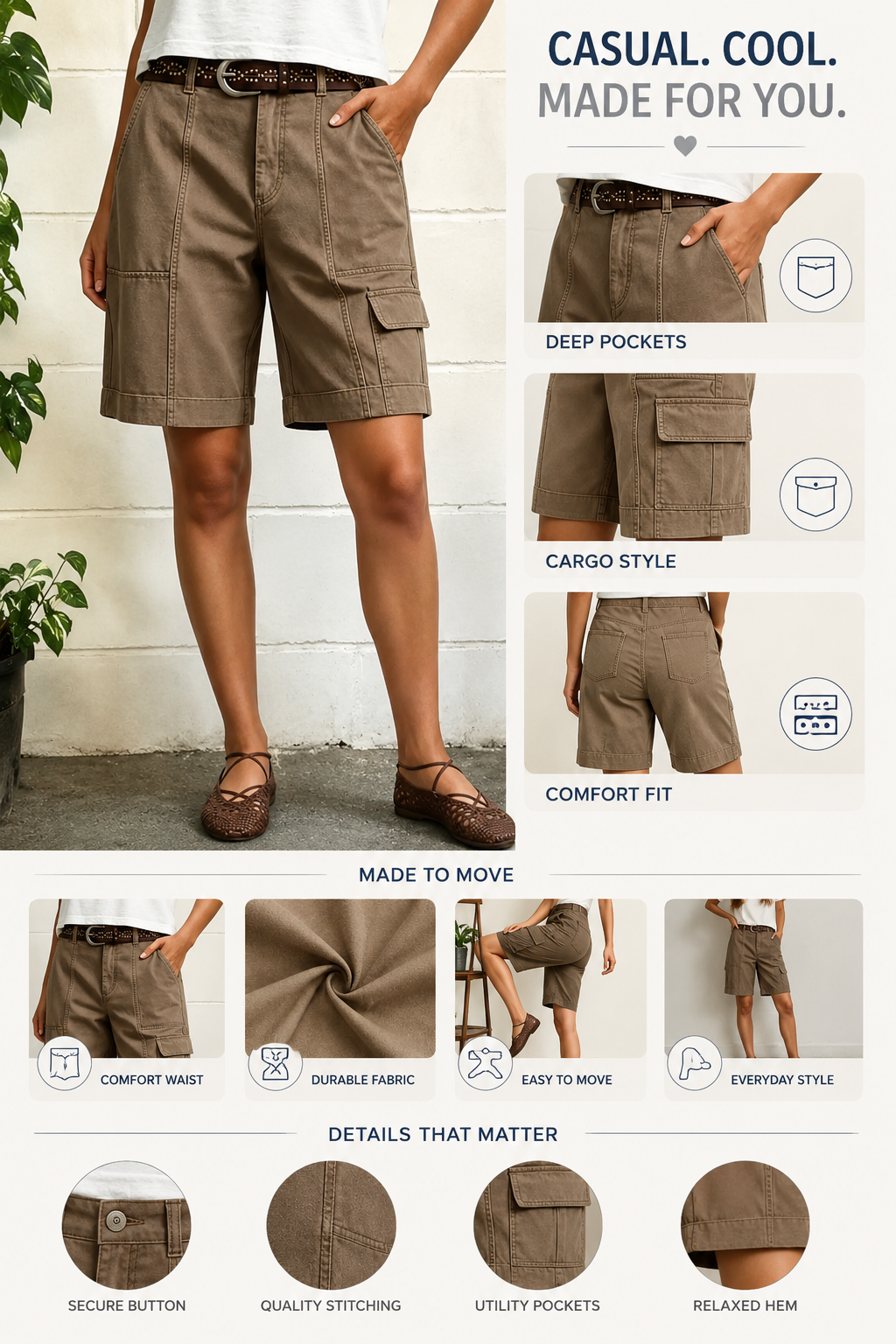 ⚡FINAL SALE⚡Solid Seam Detail Flap Pocket Roll Hem Mid Rise Bermuda Shorts Without Belt