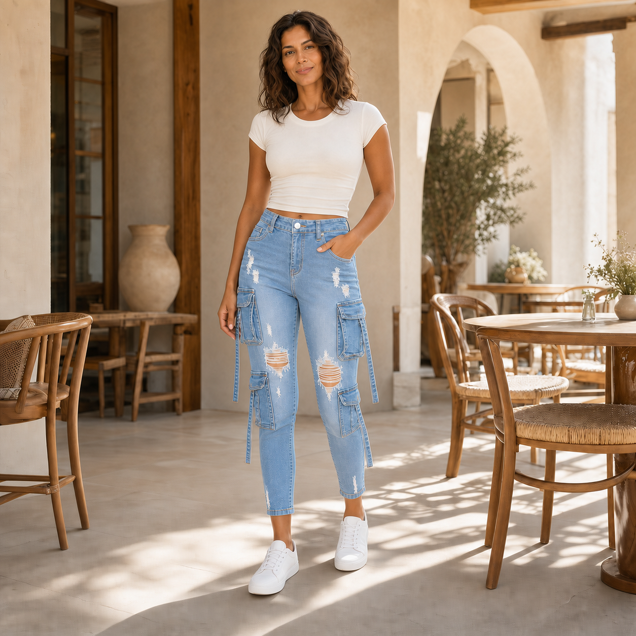 Women Cropped Slim Cargo Jeans