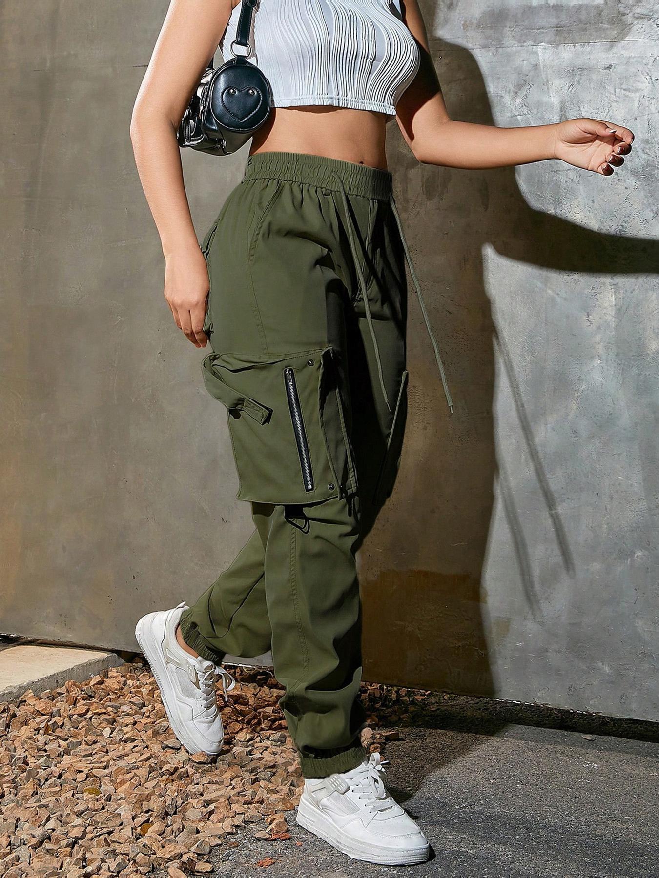 Women's solid color, adjustable drawstring, loose-fitting basic cargo pants
