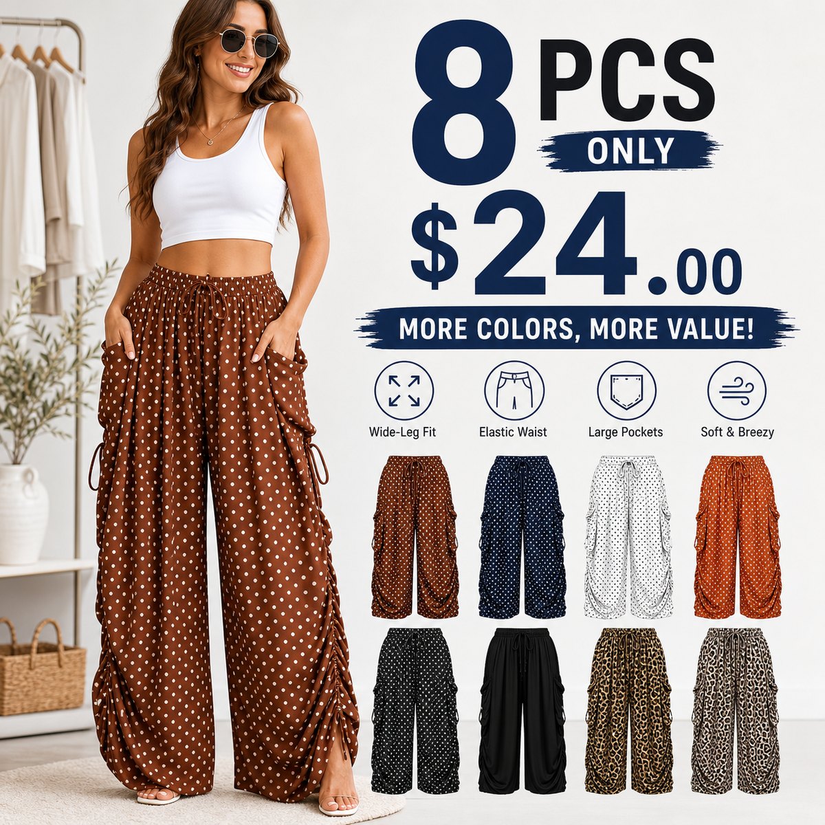 Women's Wide-Leg Polka Dot Palazzo Pants with Pockets
