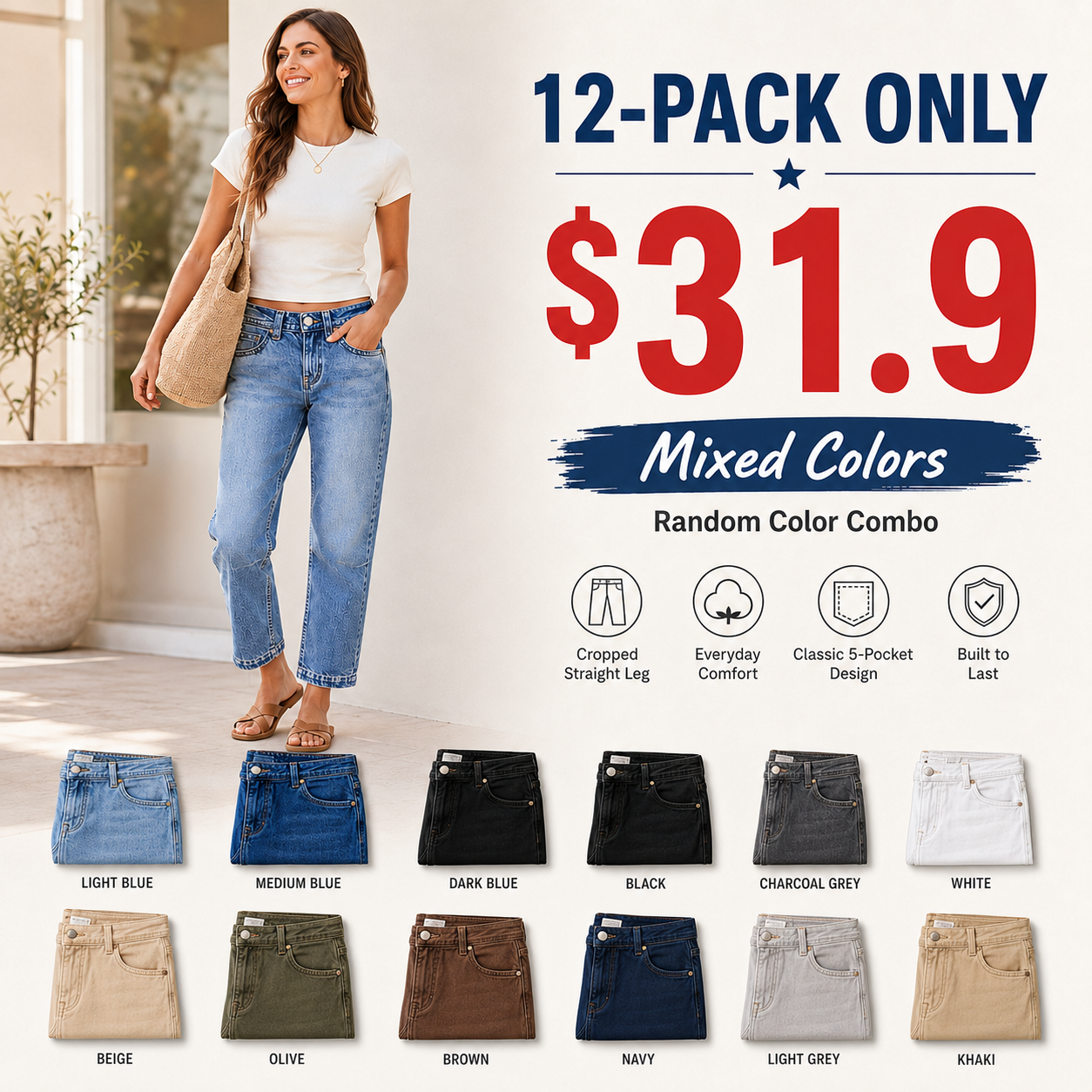 Seaming Detail Mid Waist Straight Leg Crop Jeans