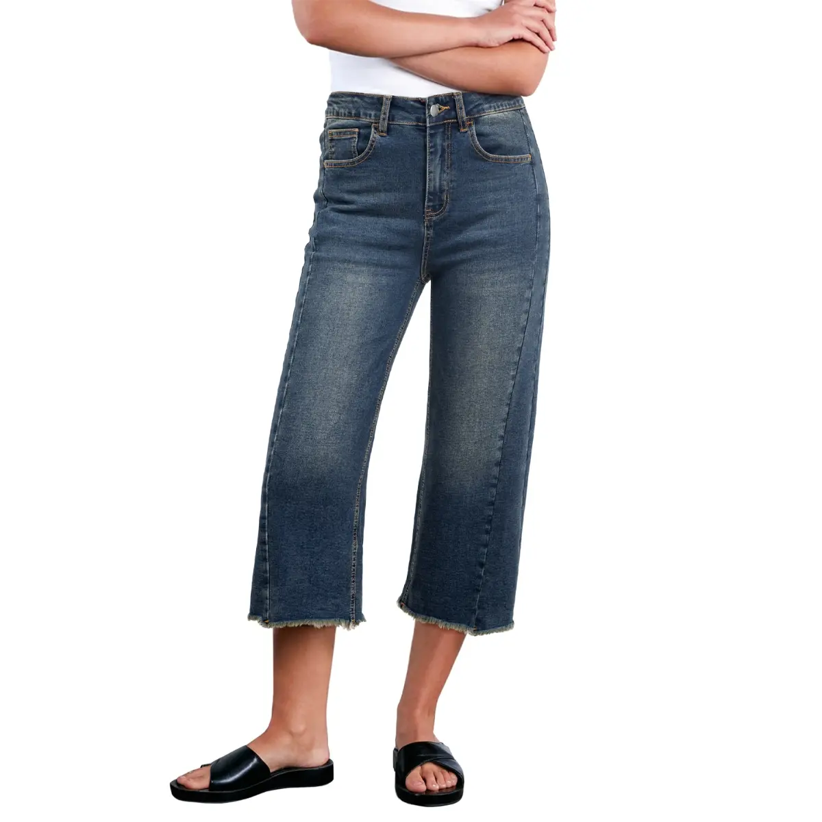 Women's cropped jeans, high-waisted, wide-leg, stretchy, with frayed side seams.