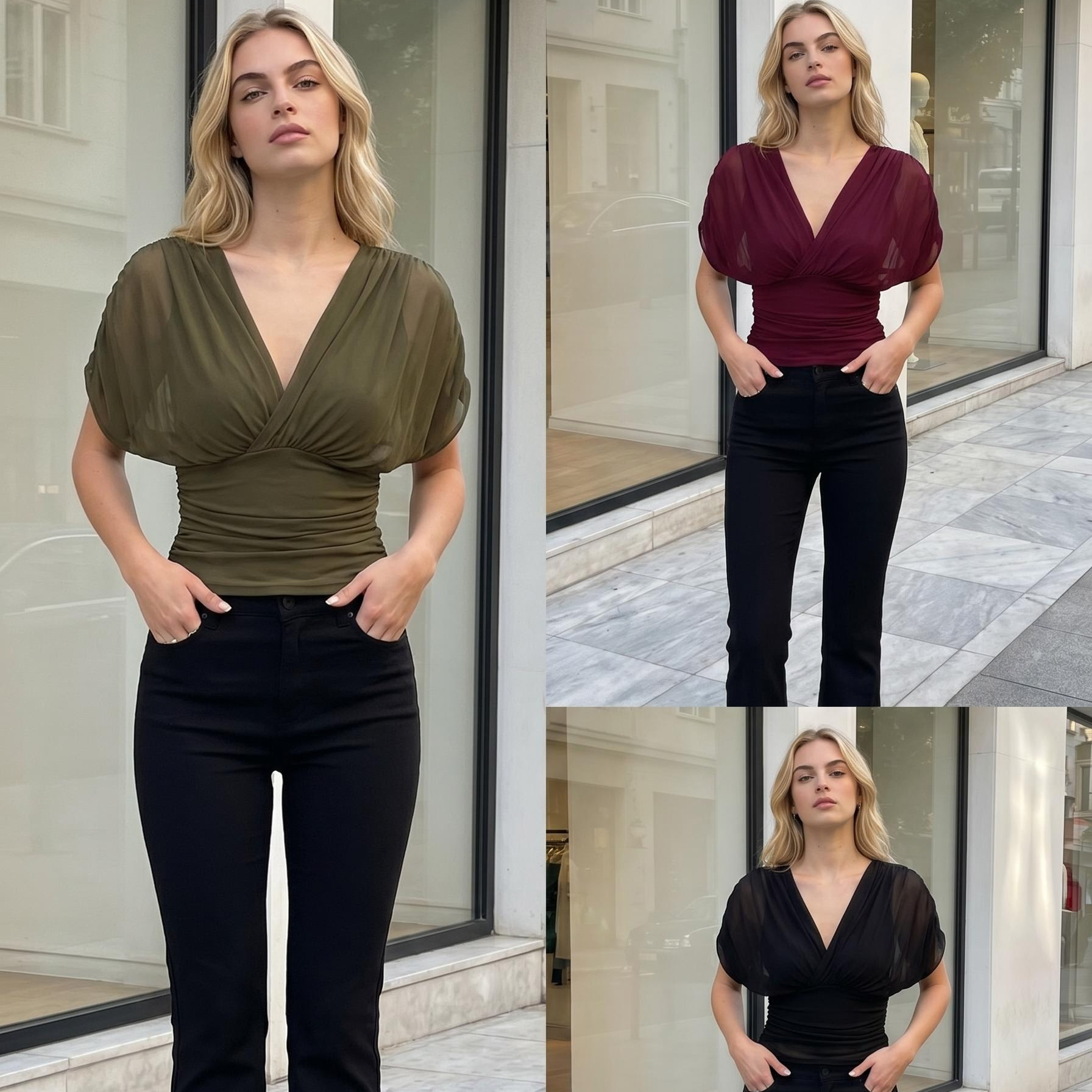 Sexy Batwing-Sleeve T-Shirt with Ruched V-Neck and Waist-Flattering Fit