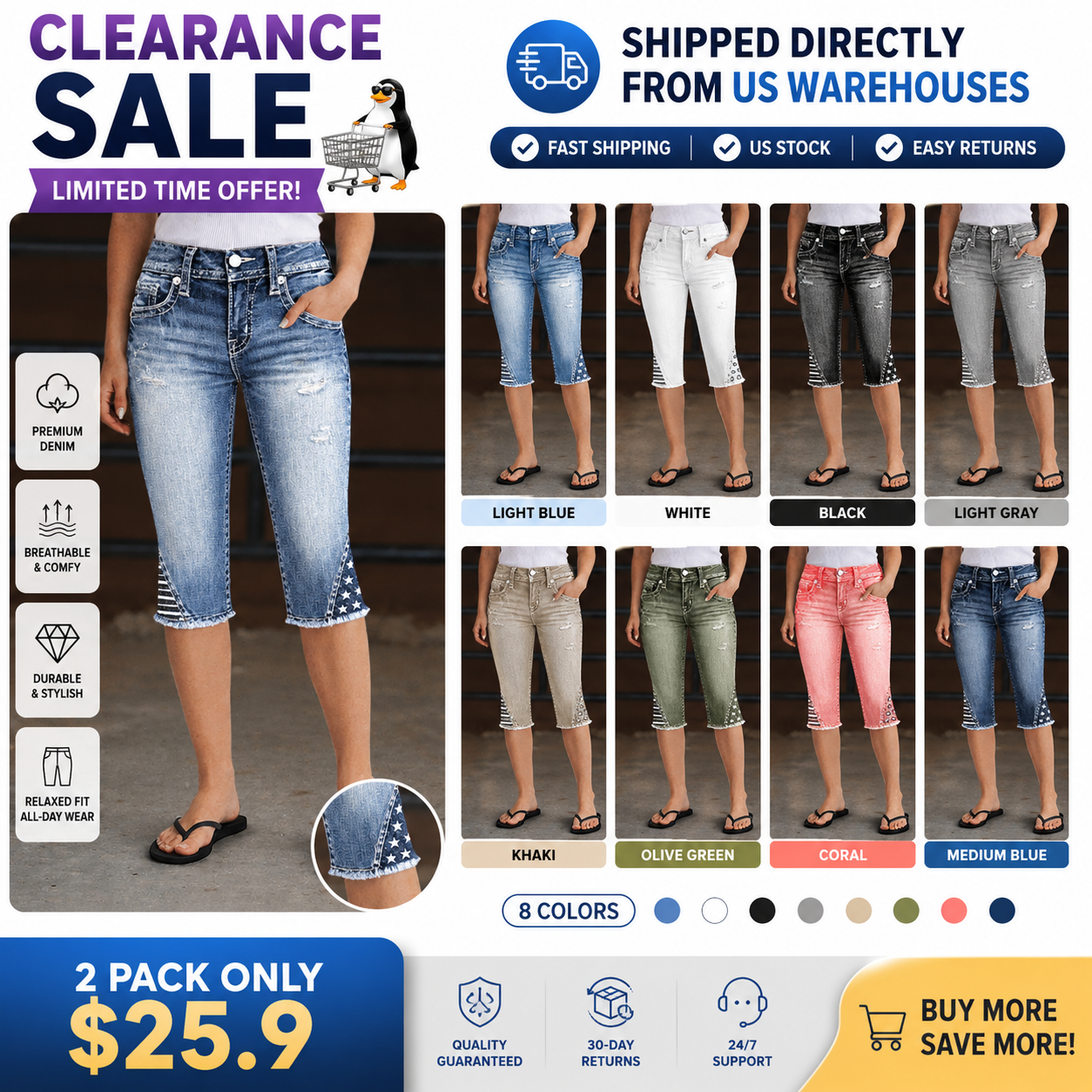 ⚡FINAL SALE⚡- Star & Stripe Embroidery Raw Hem Ripped High Waist Skinny Capri Jeans