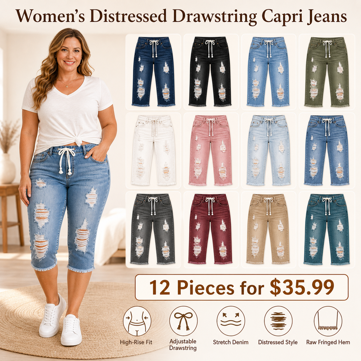 Women Distressed Drawstring Capri Jeans