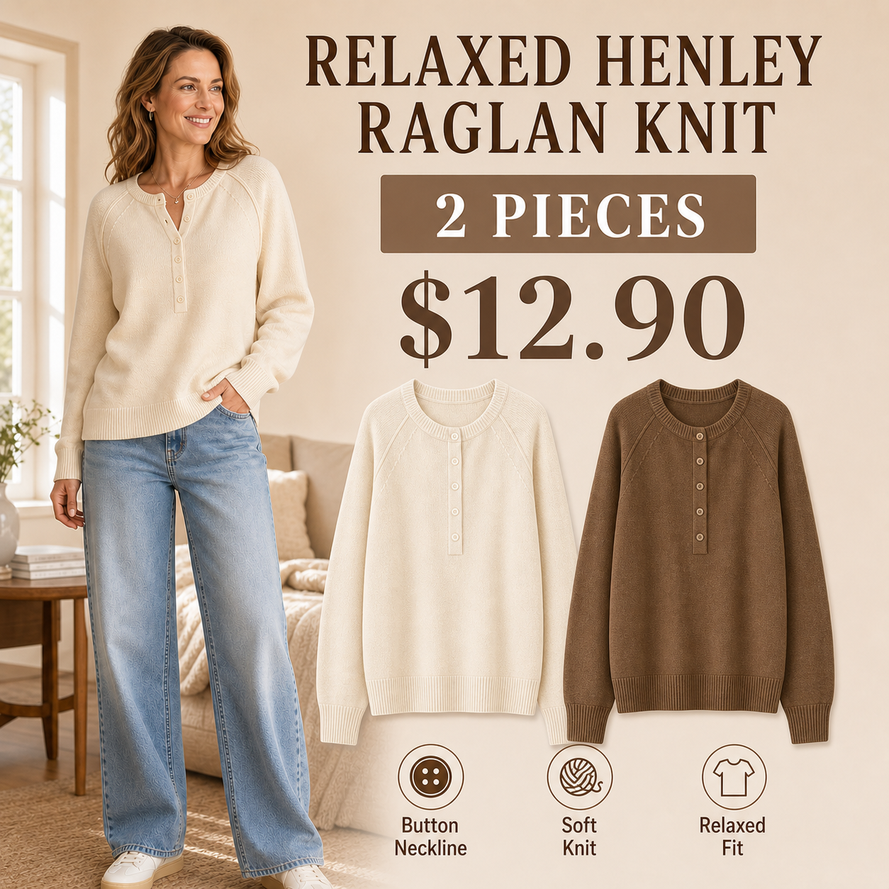 Women's Relaxed Henley Raglan Knit Sweater