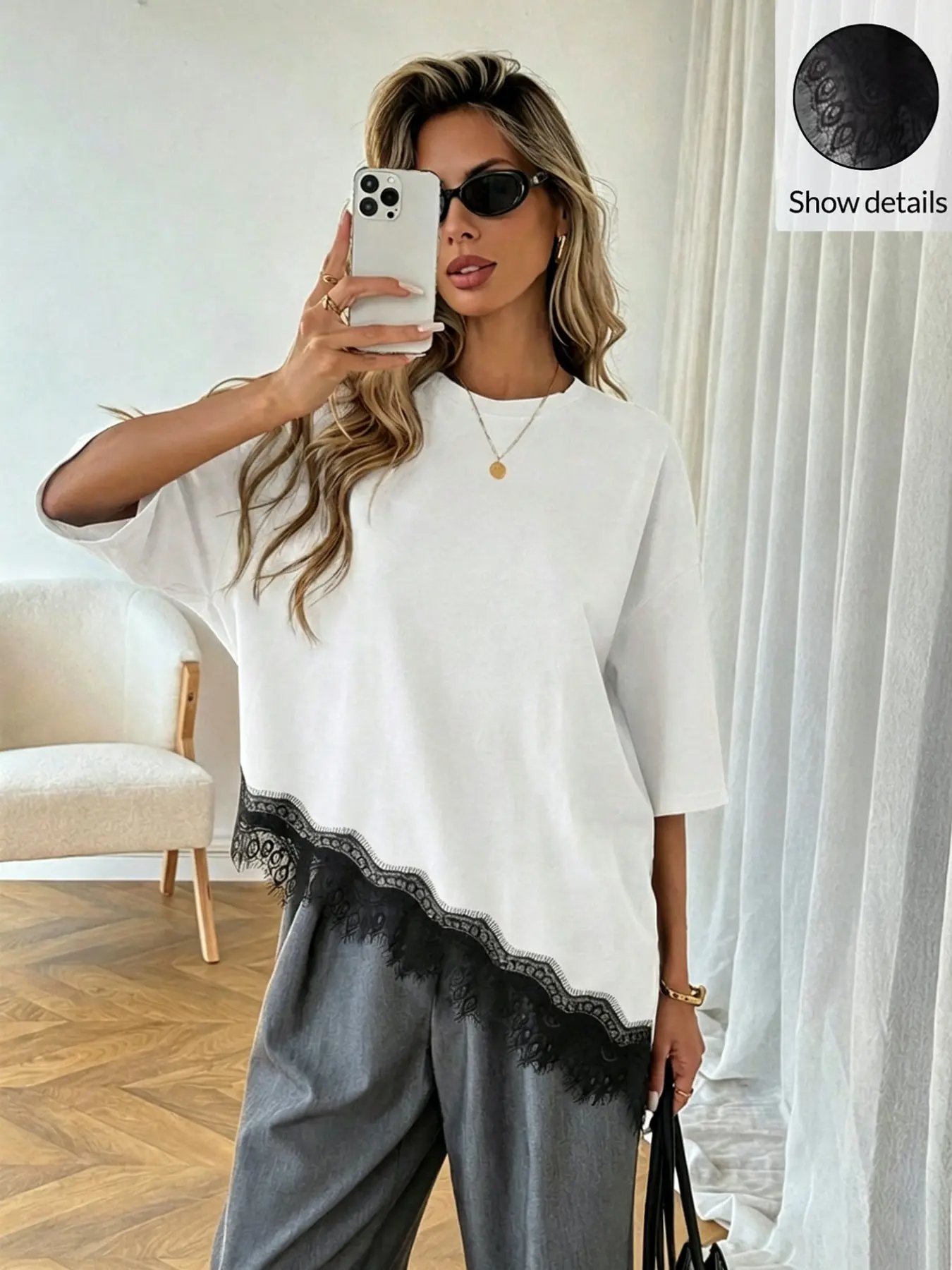 Women's Lightweight & Breathable Cotton Long T-Shirt with Lace Hem
