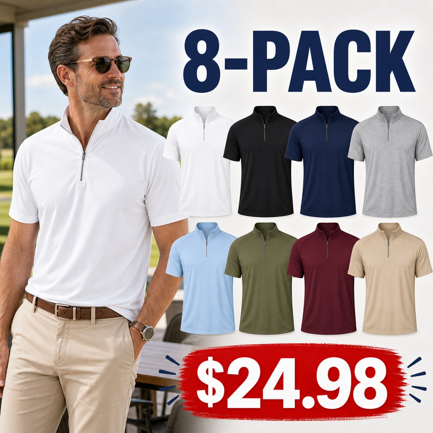 Men's Quarter Zip Performance Polo Shirts - 8 Pack