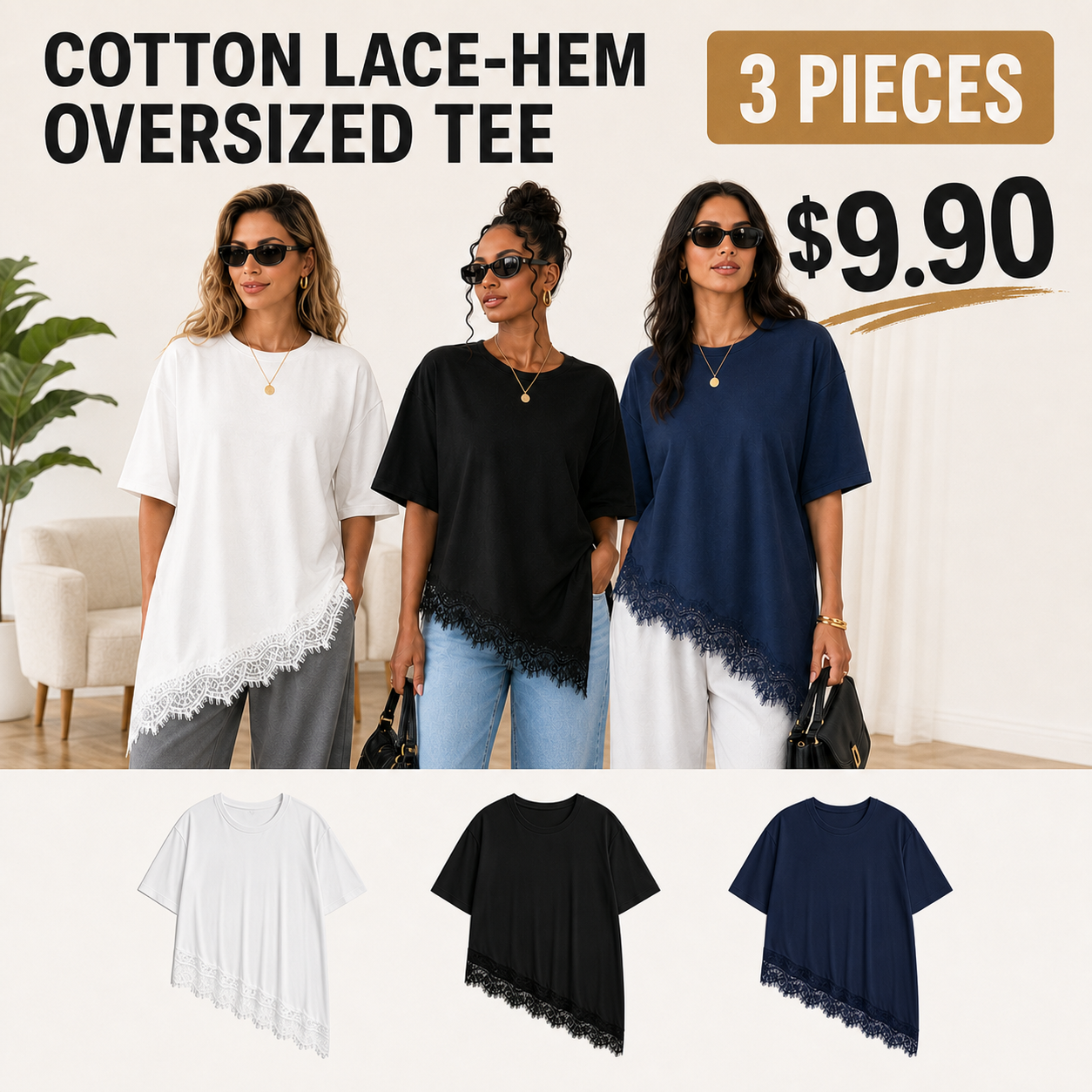Women's Lightweight & Breathable Cotton Long T-Shirt with Lace Hem