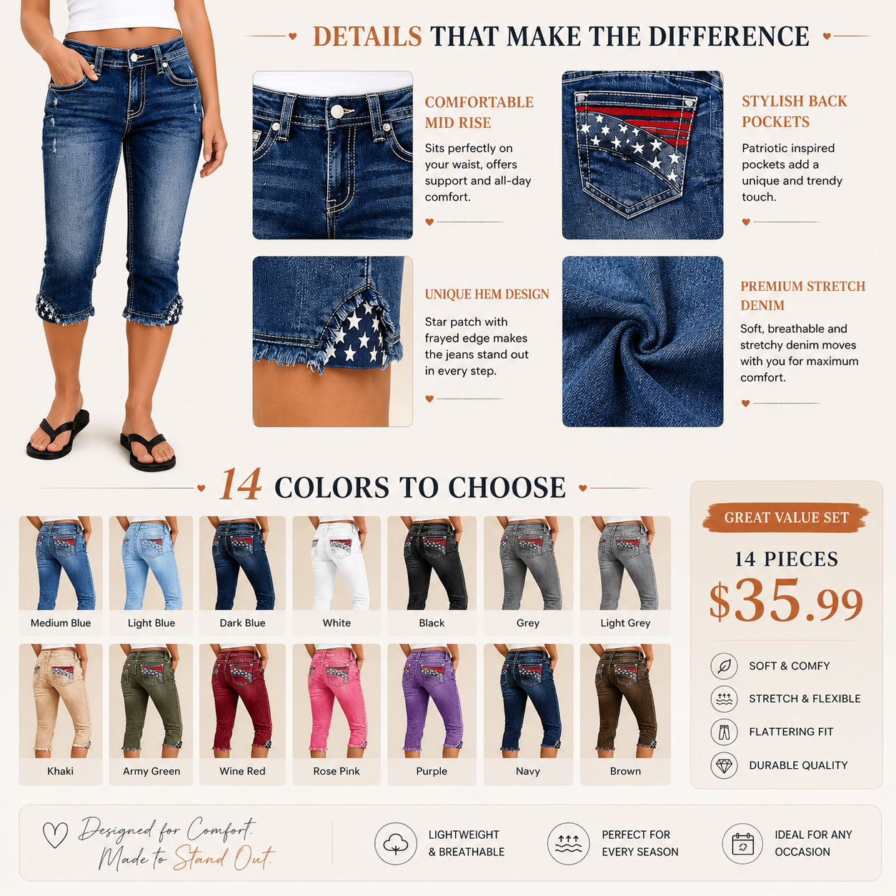 Striped & Star-Embroidered, Raw-Hem, Mid-Rise, Skinny Cropped Jeans