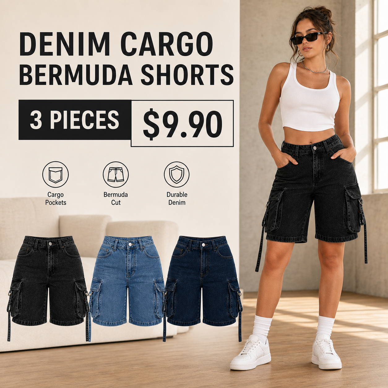 Denim Cargo Bermuda Shorts