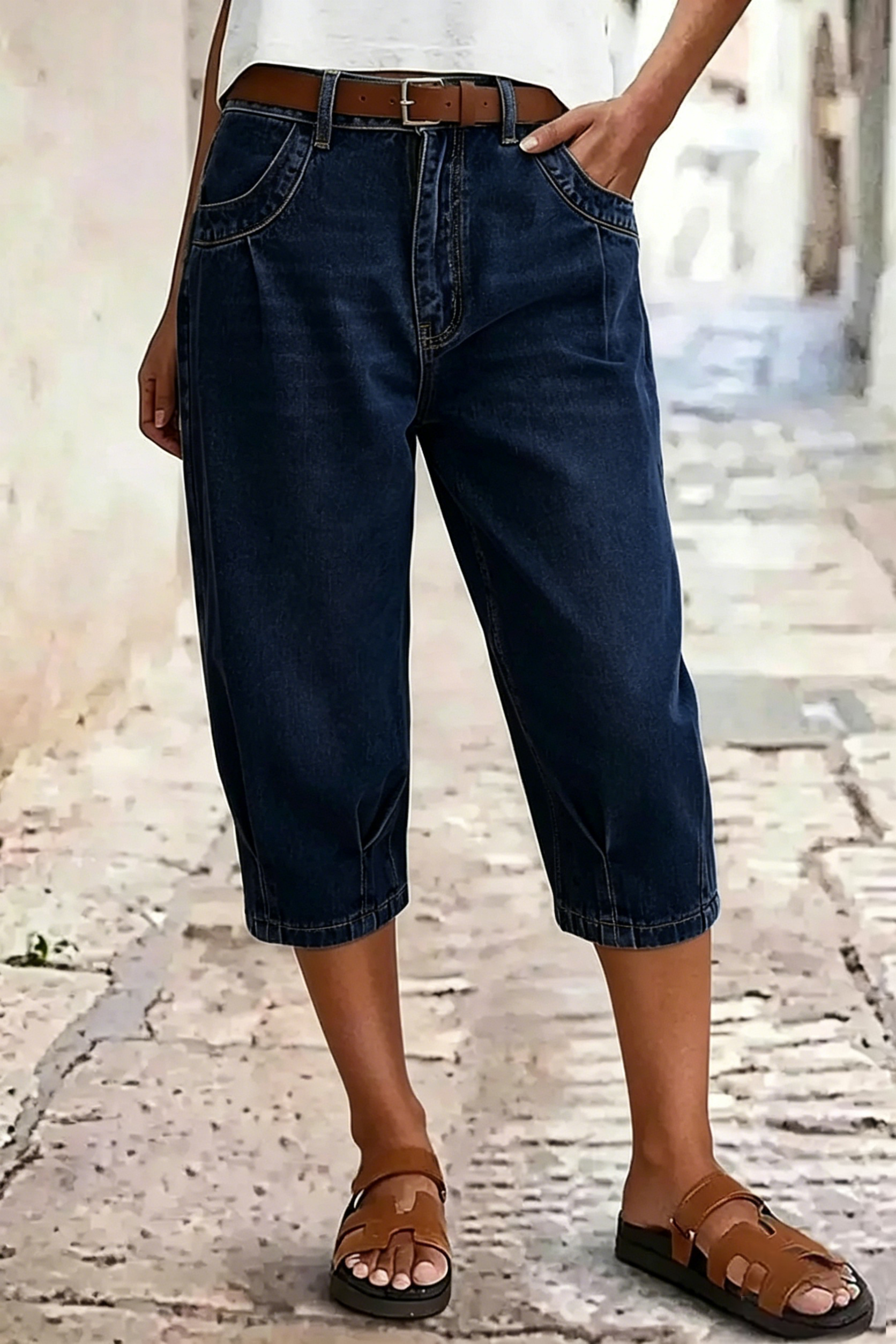 Women's Mid-Rise Pleated Cropped Jeans — Stretchy, Slim-Fit, Comfortable & Versatile