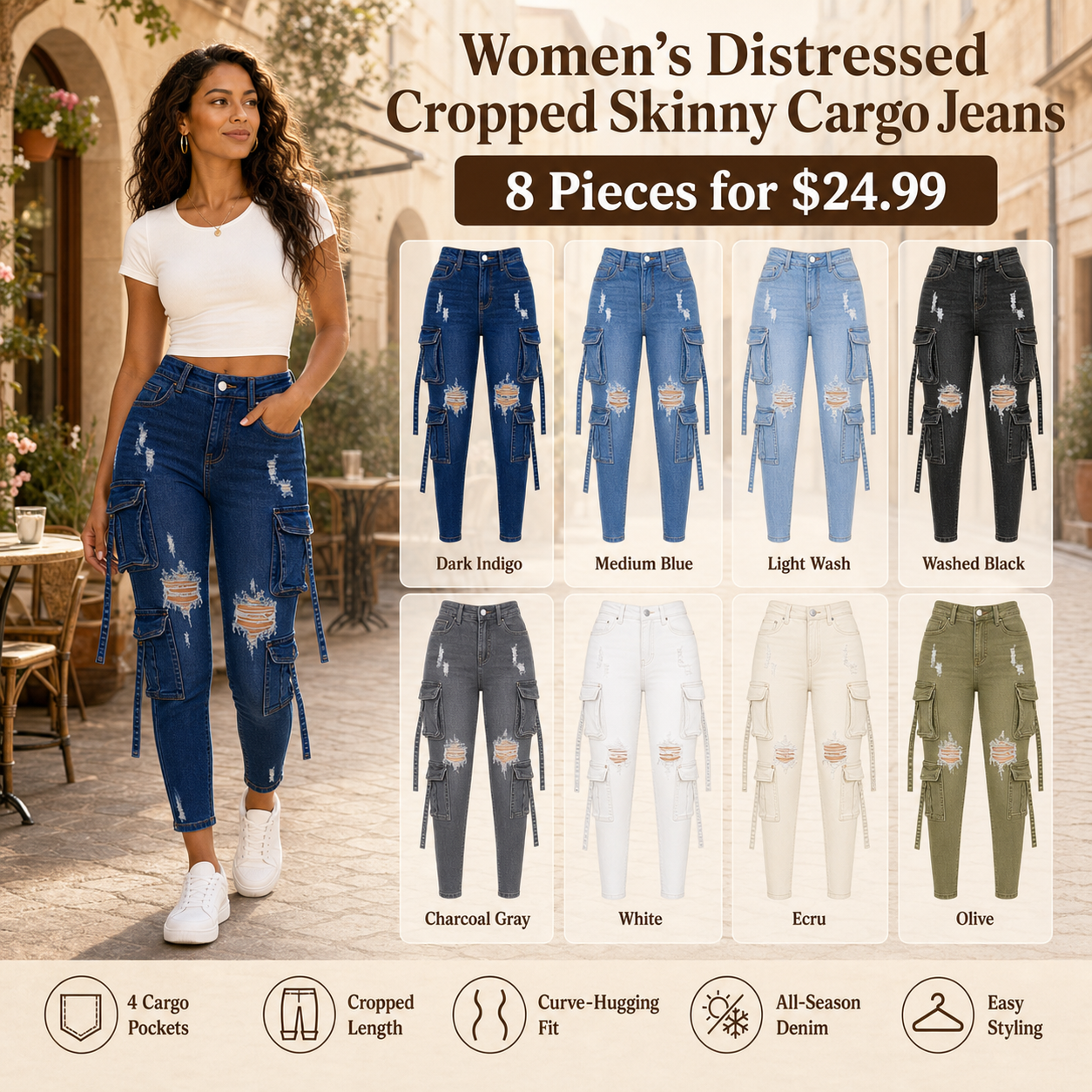 Women Cropped Slim Cargo Jeans