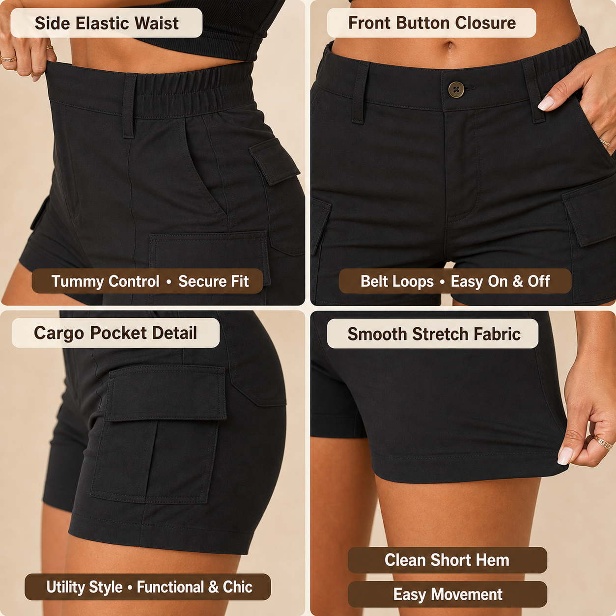 High Waist Stretch Cargo Shorts