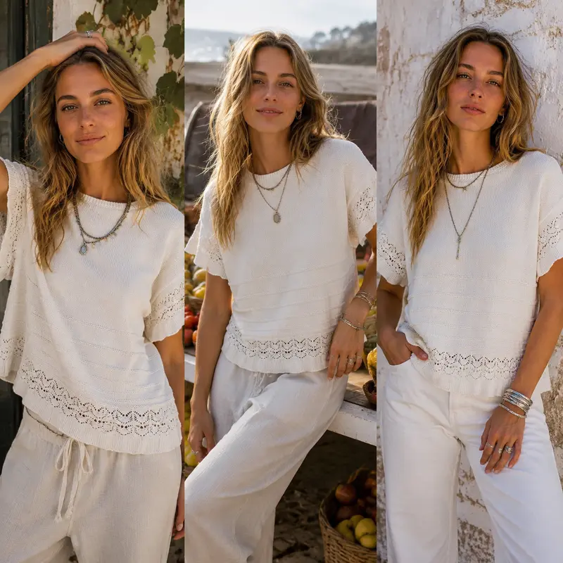 Women's Short-Sleeve Crew-Neck Ruffled Crochet Knit Pullover