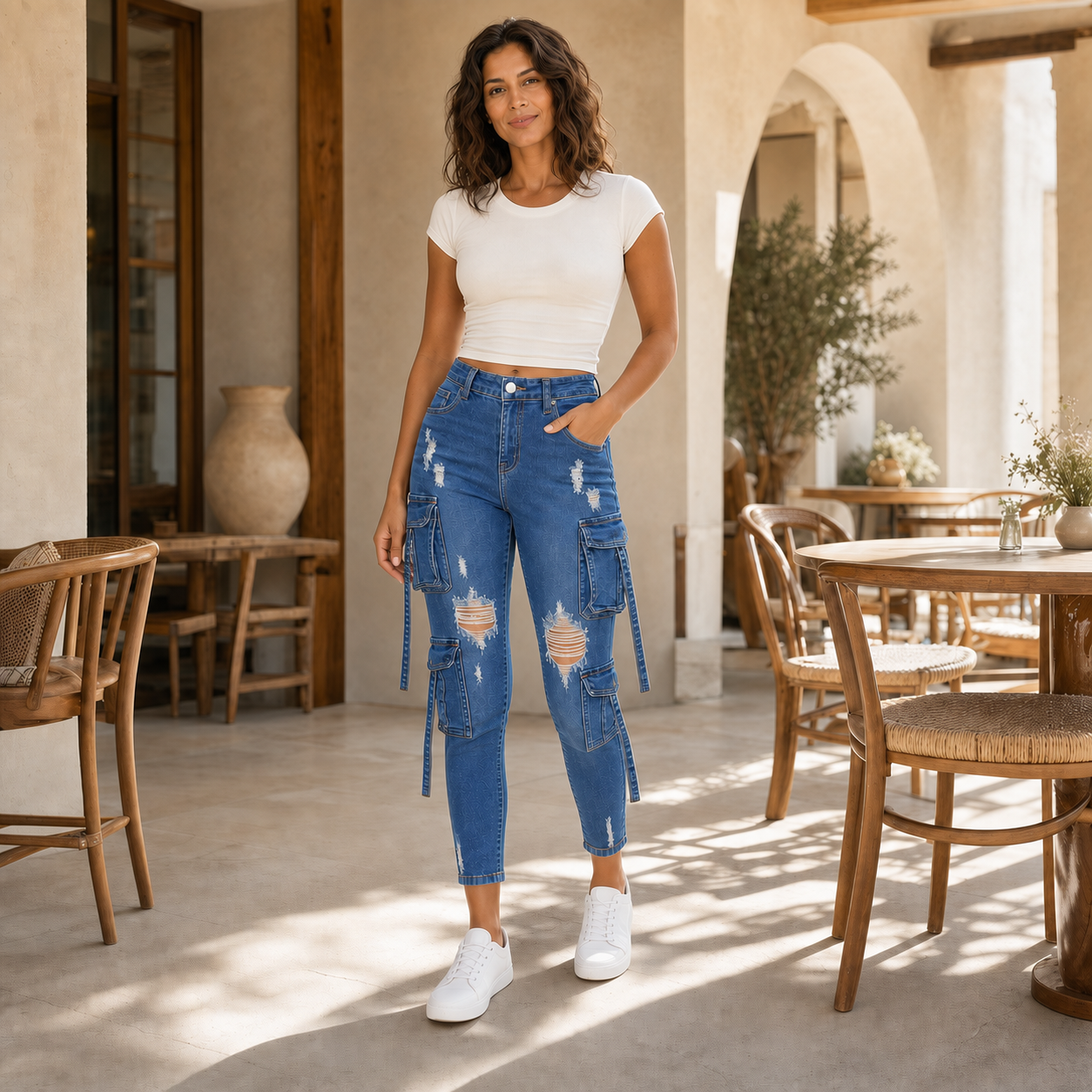 Women Cropped Slim Cargo Jeans