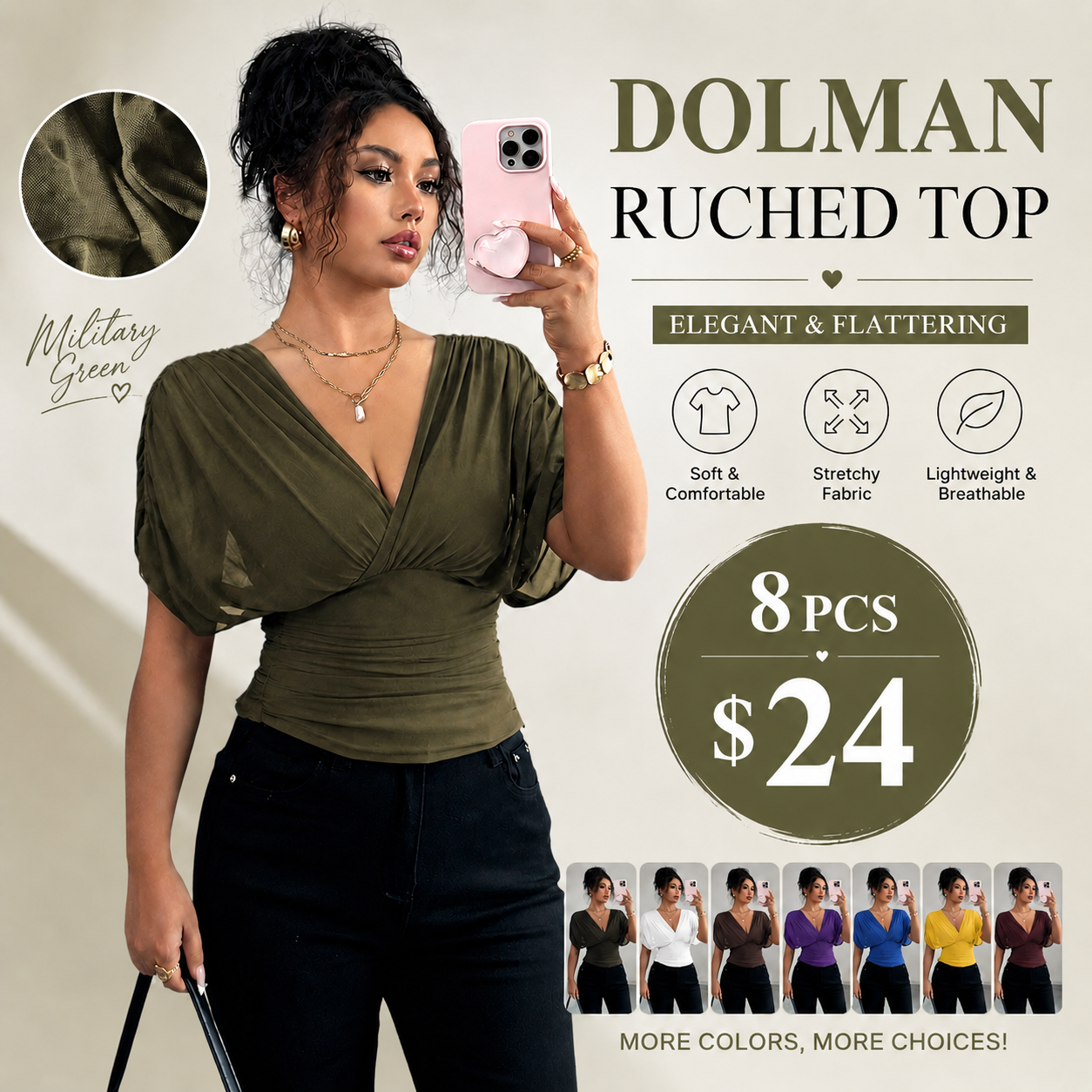 Sexy Batwing-Sleeve T-Shirt with Ruched V-Neck and Waist-Flattering Fit