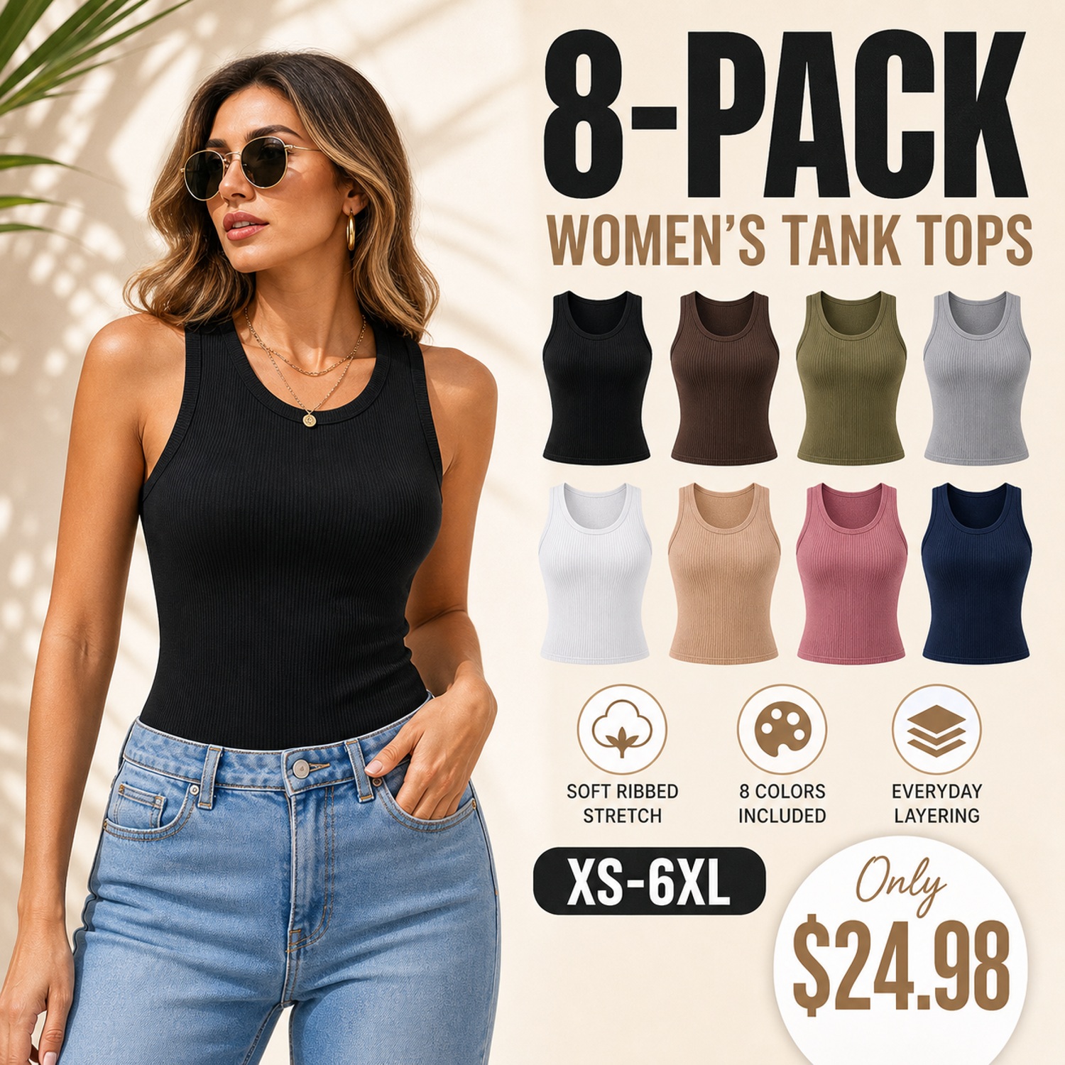 Women's Essential Ribbed Tank Tops - 8 Pack