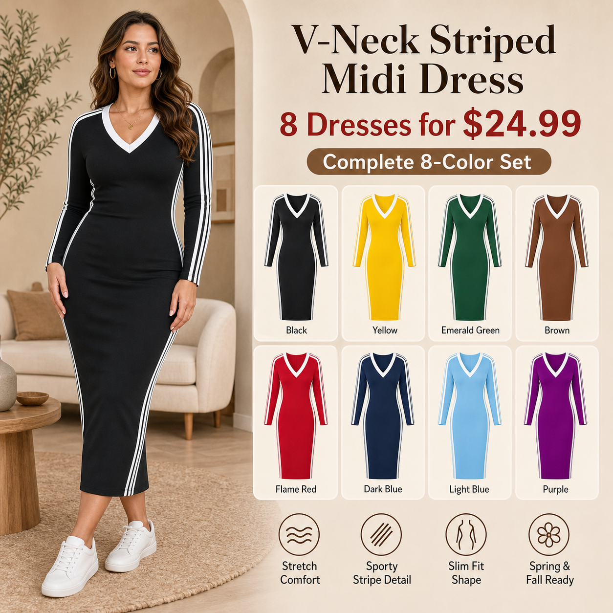 V-Neck Striped Midi Dress